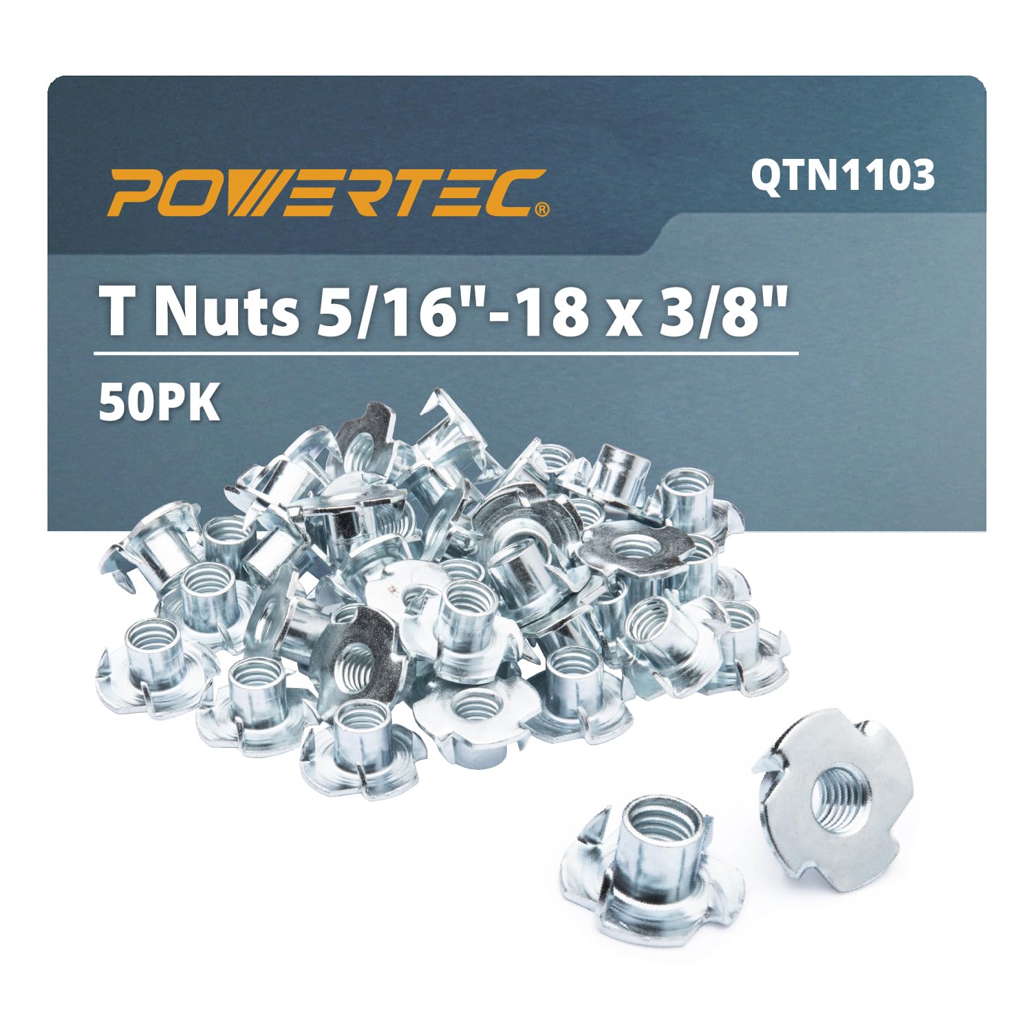 POWERTEC 5/16"-18 T Nuts, 50 Pack | 4 Pronged Tee Nuts for Bolts and Stem Caster Wheels, Threaded Inserts for Woodworking, Rock Climbing Holds and Furniture| 11/32" Length (QTN1103)