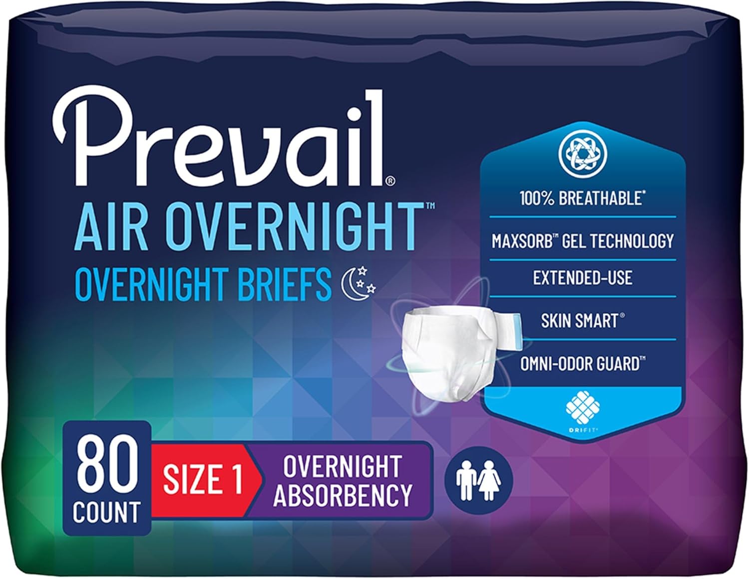 ((Size 1 ))Prevail Air Overnight Adult Incontinence Brief / Medium Heavy Absorbency Overnight, NGX-012/1, 58, 80 Ct