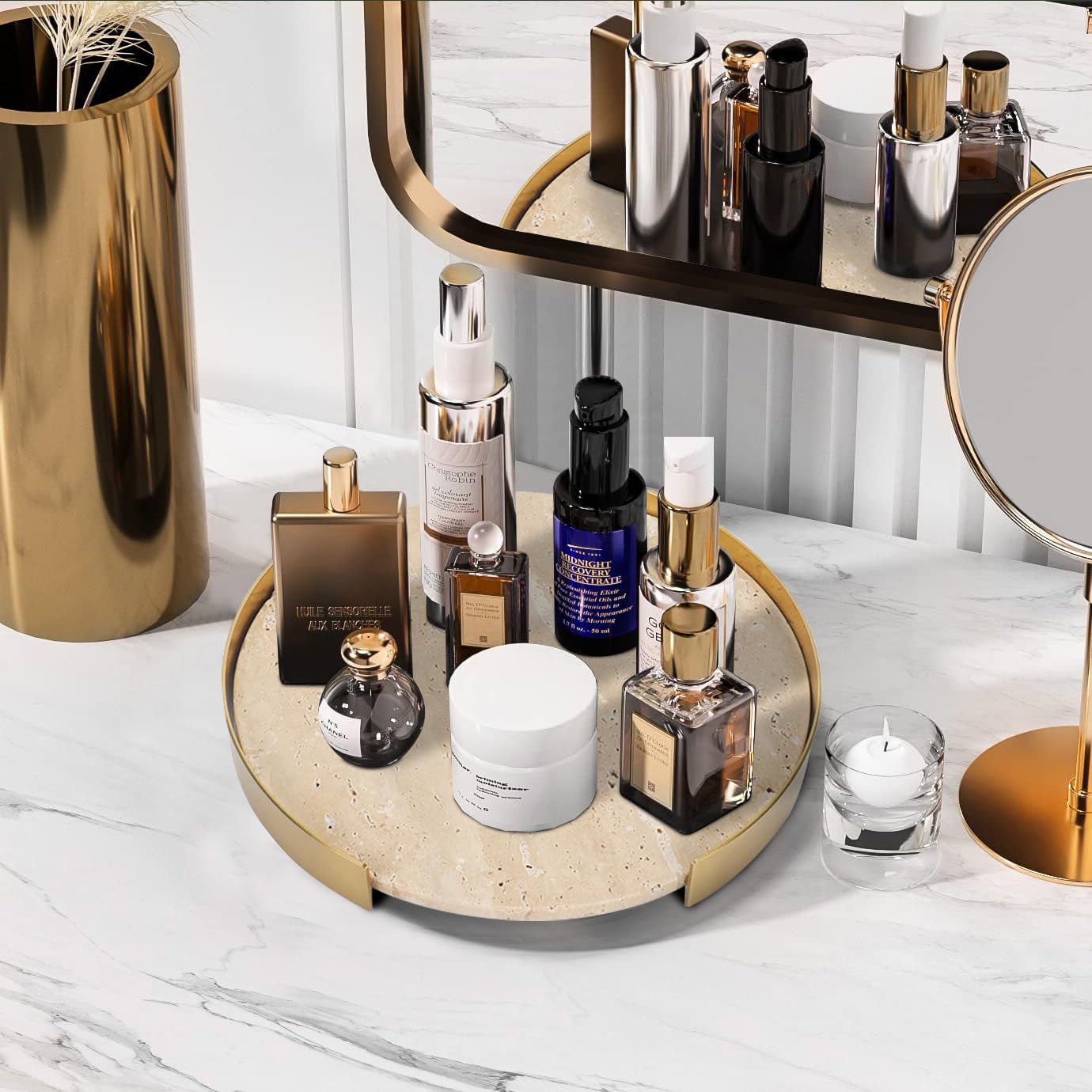 Travertine Tray, Round Marble Vanity Bathroom Countertop Tray, Ceramic Decorative Trays for Coffee Table (S)