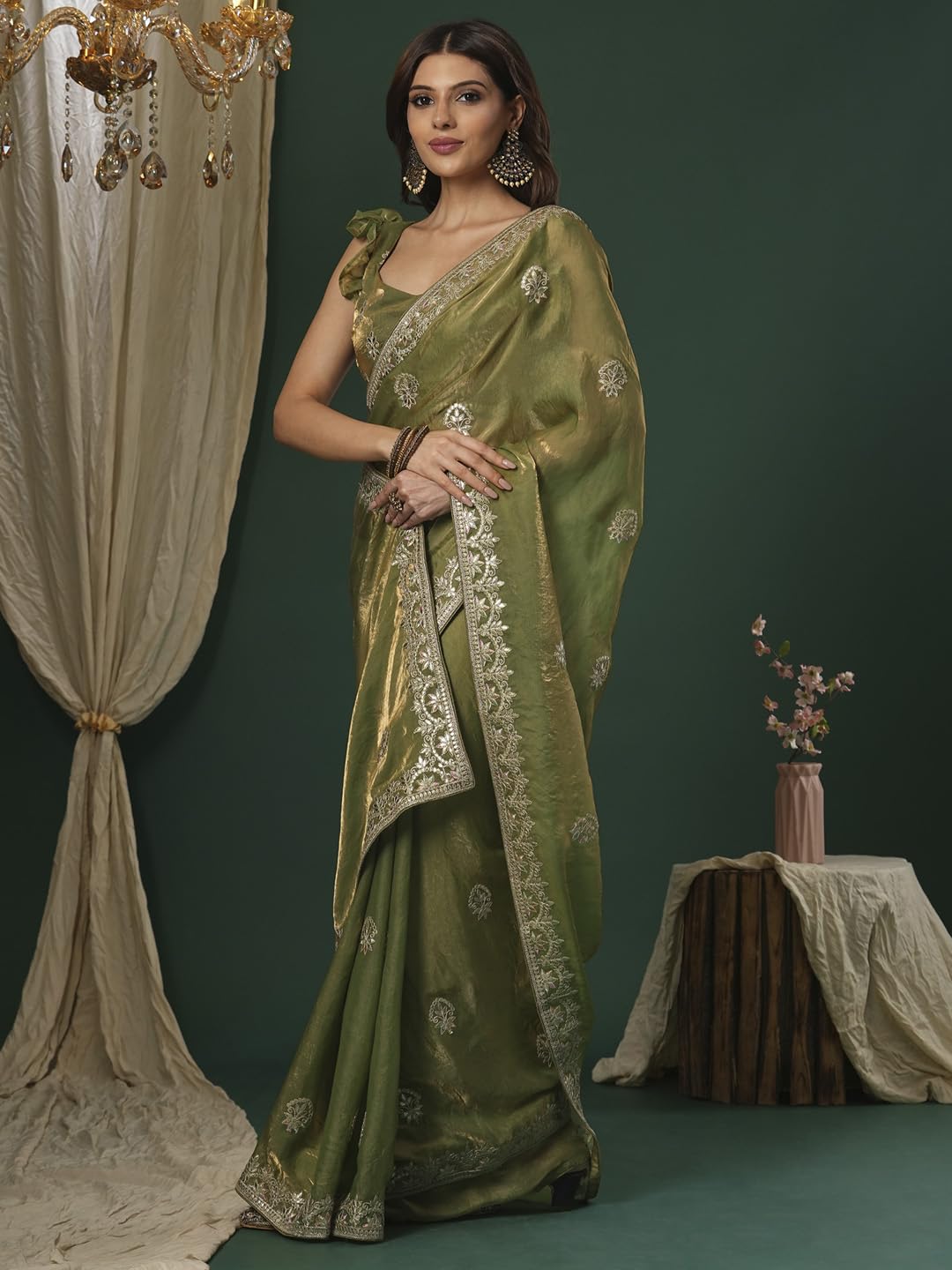 SAREE MALL Women's Bronze Satin Silk Embroidered Saree With Unstitched Blouse (KRIYNS4001_KH) 3