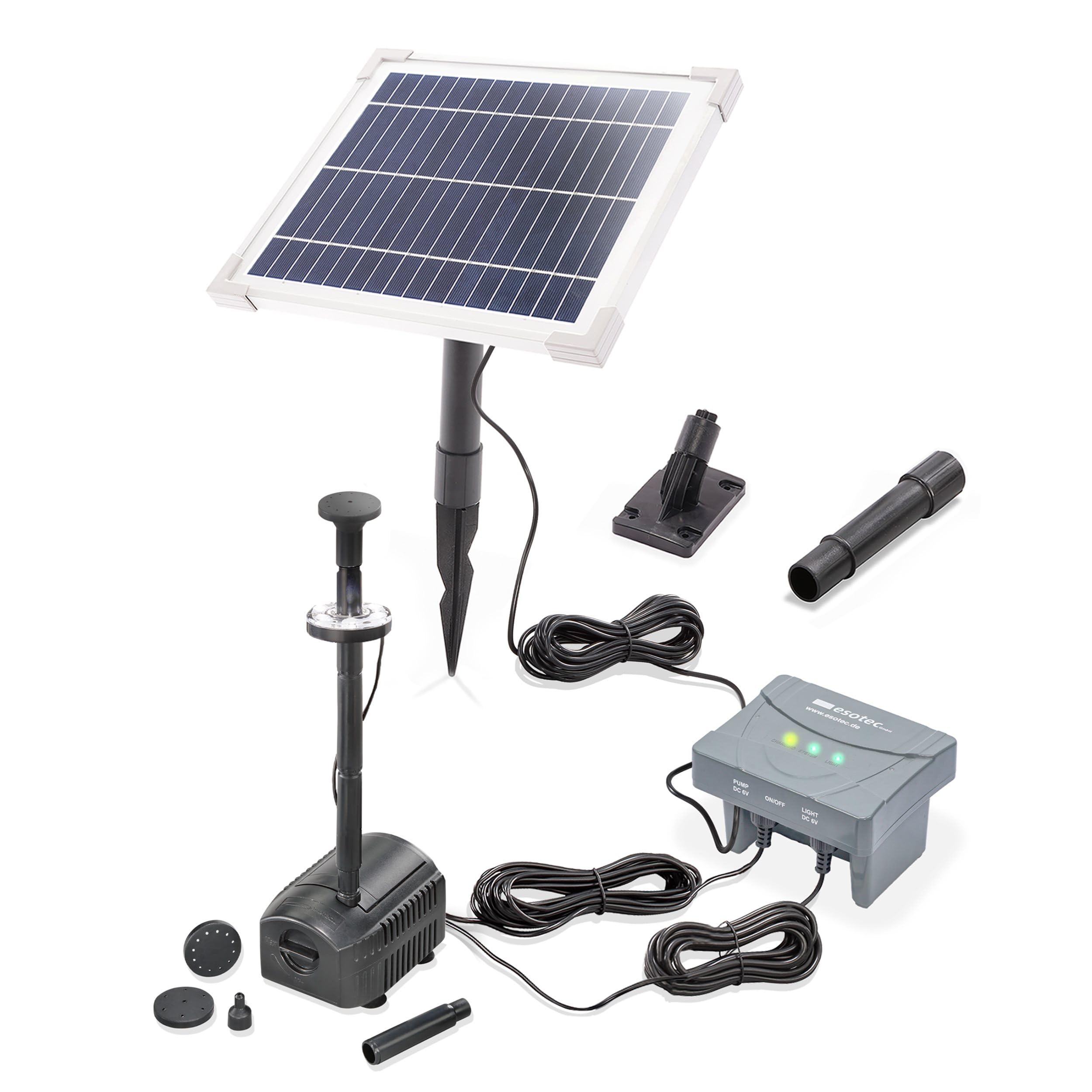 esotec Solar LED Teichpumpe mit Filter 6/230 für außen | SET Sprinklerpumpe 230/h | LiFePo4 Akku | Erdspieß Solarmodul 6W | Solarbrunnen für Gartenteich | Wasserpiel Springbrunnenpumpe | 101935