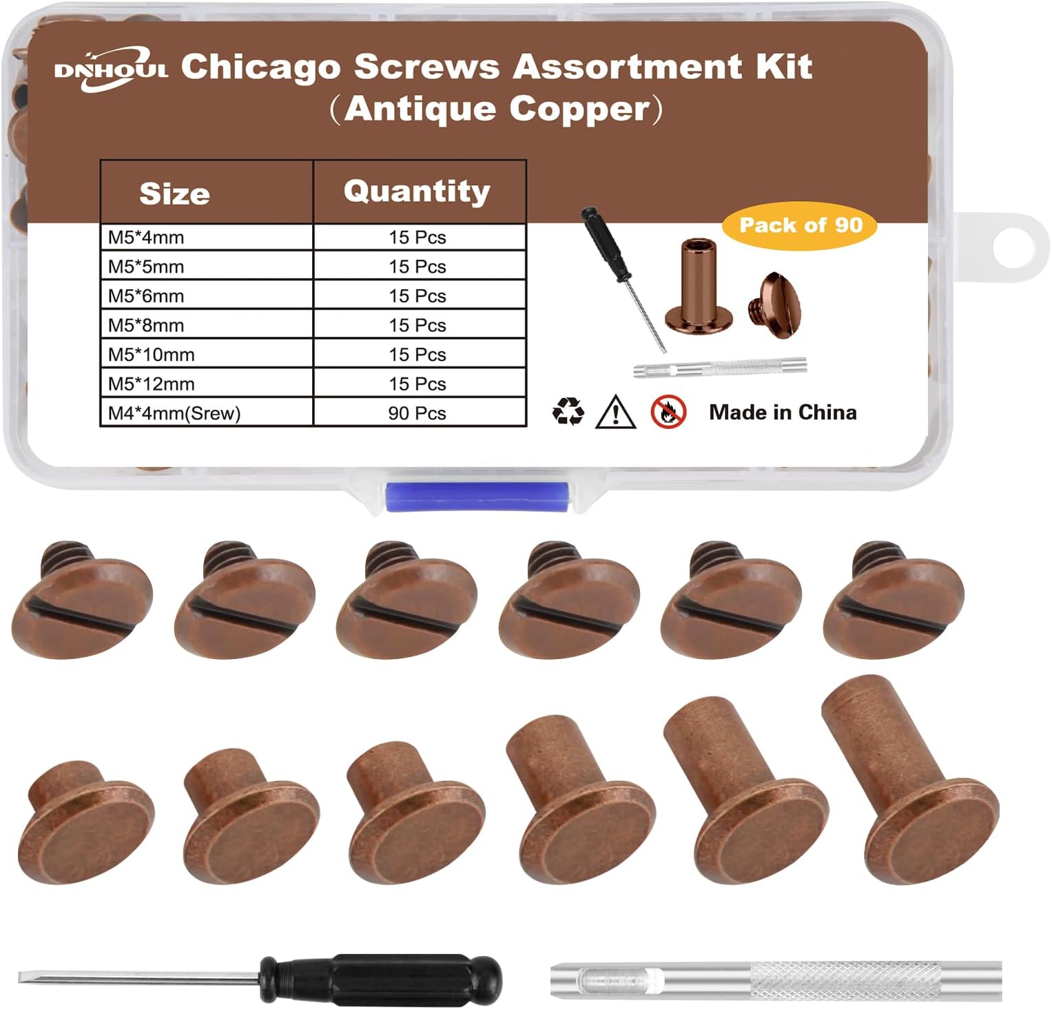 90Sets Chicago Screws Leather Rivets Assorted Screw Rivet M5 Chicago Leather Screw for Decoration and DIY Leather Craft Belt Bag Shoes Purse Bookbinding๏ผM5*4,5,6,8,10,12๏ผ (Antique Copper)