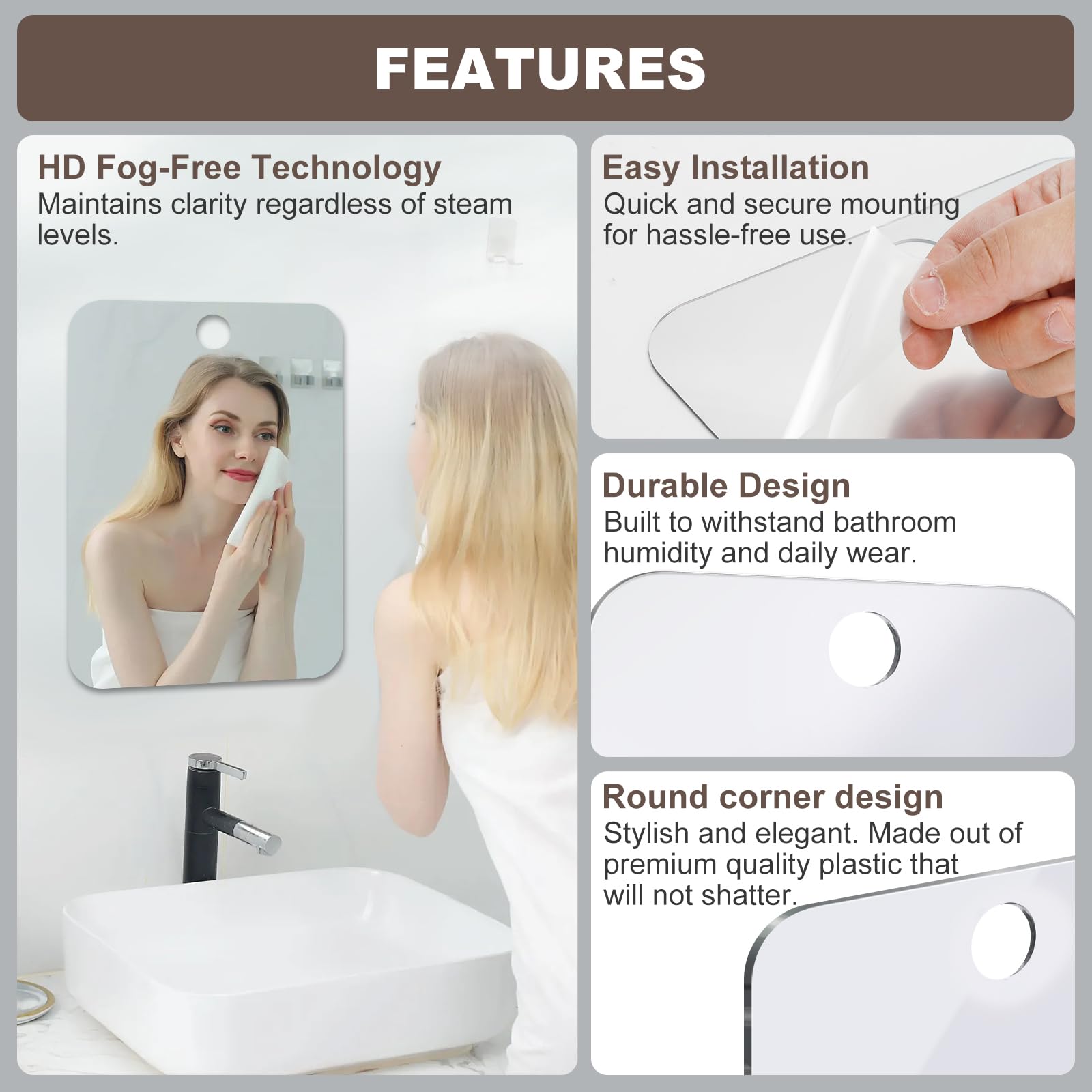 Shower Mirror Fogless for Shaving Anti-Fog Frameless Wall Hanging Makeup,10.31" L x 7.87" W,Gainsboro — view 5