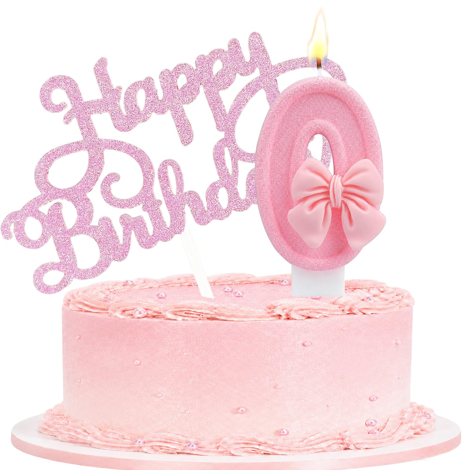 Birthday Candle with Pink Bow Cake Topper for Party, Number 0 — image 1