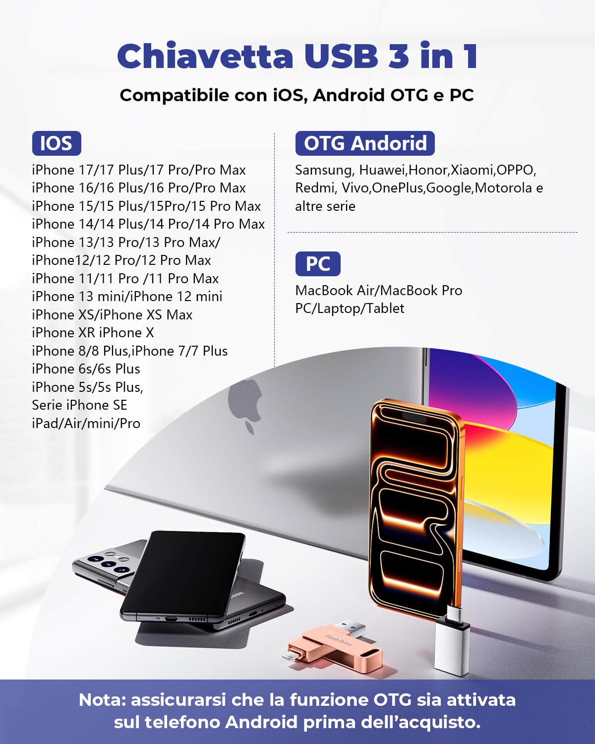 MFi Chiavetta USB 256GB per iPhone, Chiavetta USB C Lightning,Rosa | 3 in 1 Memoria Esterna per iPhone,iPad,Android OTG Smartphone,Mac,PC, USB 3.0 Penna,Pendrive Backup Foto,Video,Capacità Reale