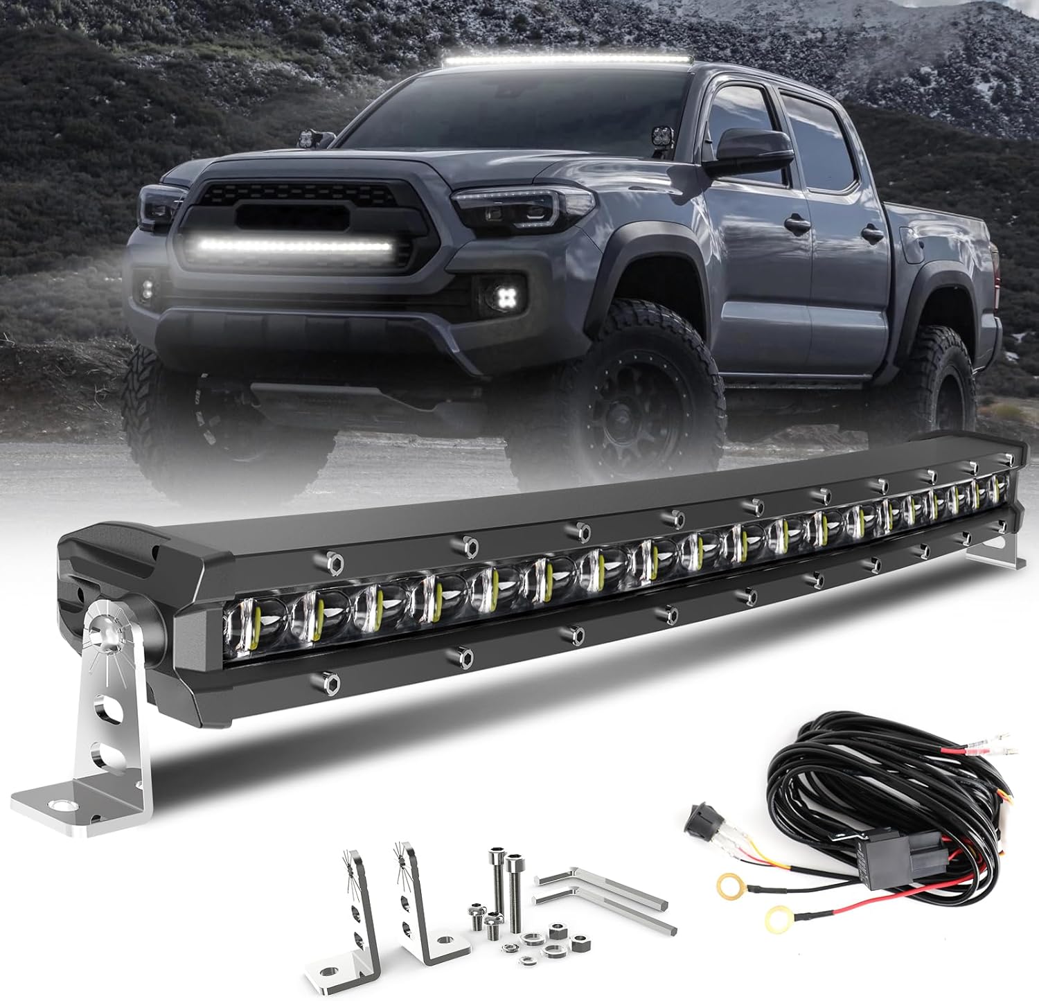 CO LIGHT 20 inch Curved Single Row LED Light Bar | 6D Projector Lens | Spot & Flood Combo Beam | Slim Driving Light | IP68 Waterproof with Wiring Harness | Ideal for Off-Road, Trucks, ATV, UTV, Marine