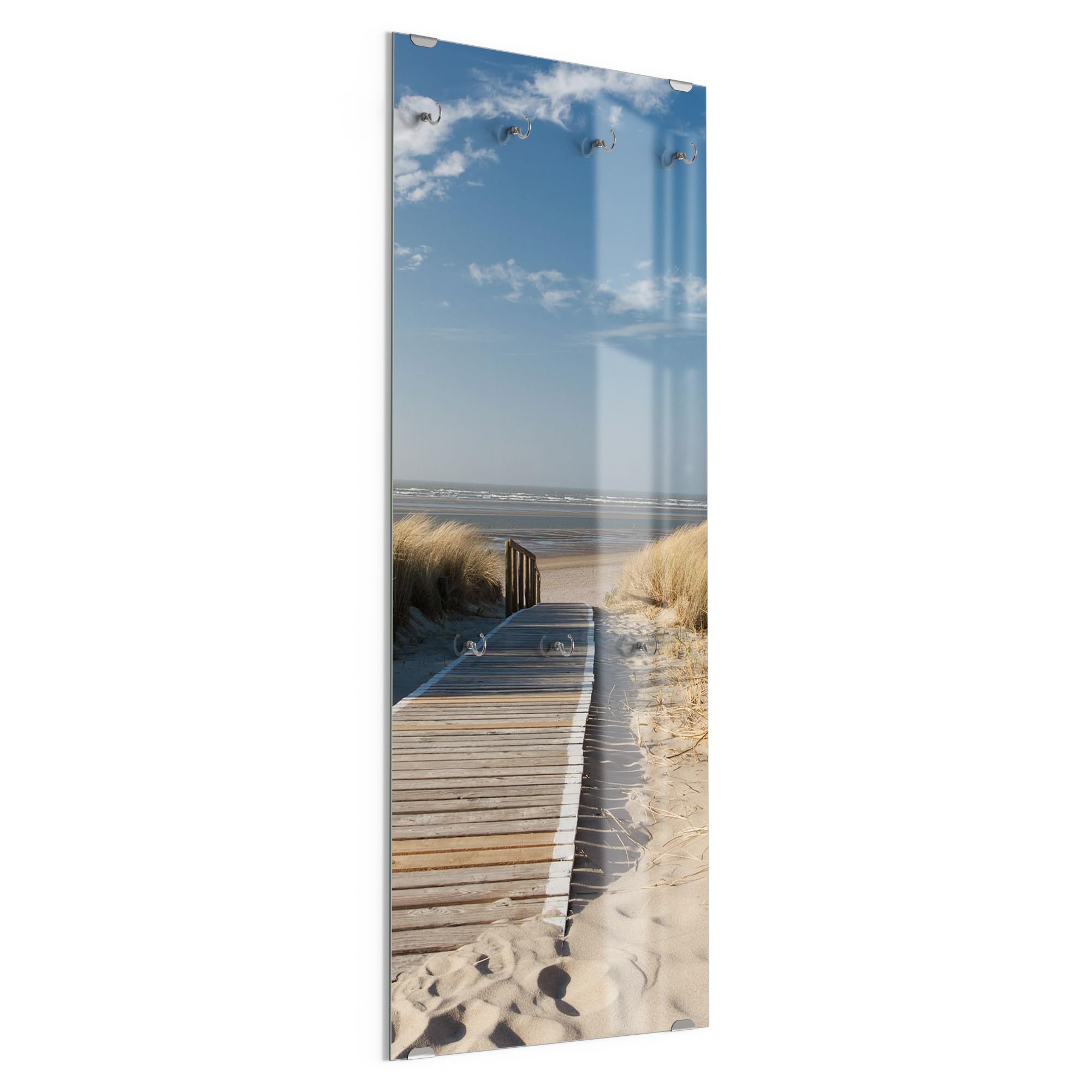 DEQORI Wieszak na ubrania ze szkła z nadrukiem motywu, wzór pionowy, 50 x 125 cm, motyw wschodu plaży nad morzem, szkło bezpieczne ESG z 7 haczykami, możliwość zapisywania i łatwe w montażu – łatwe w