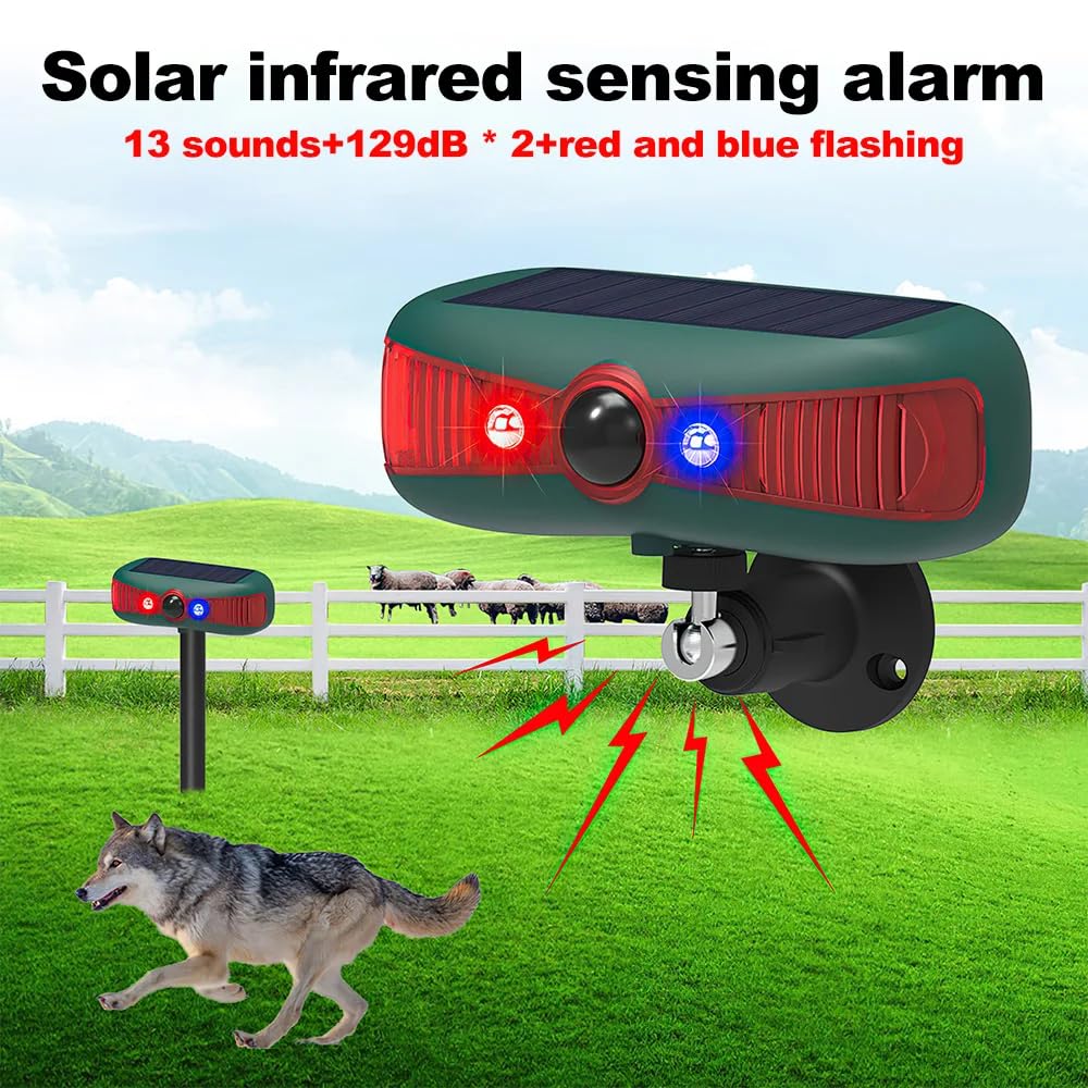 Lot de 2 détecteurs solaires stroboscopiques infrarouges avec détecteur de mouvement, lumière d'avertissement KINGCOO clignotante pour extérieur, système d'alerte de sécurité à 13 sons, double
