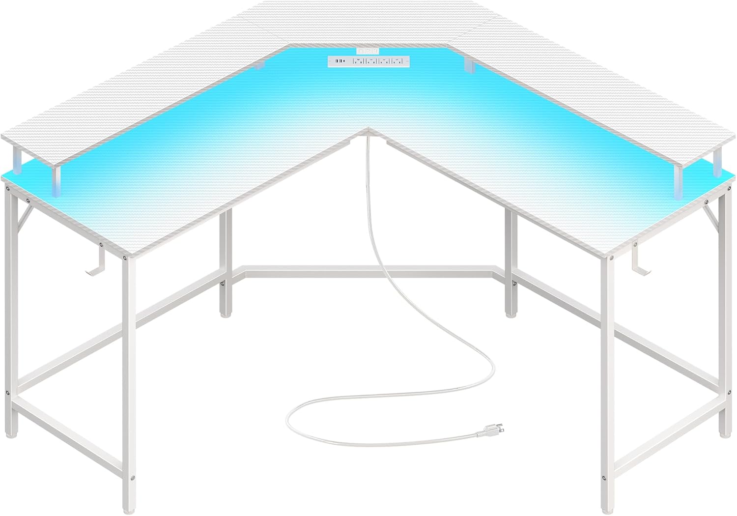 Huuger L Shaped Gaming Desk with Power Outlets & LED Lights, Computer Desk with Monitor Shelves, Carbon Fiber Surface, Home Office Desk, Corner Gaming Desk with Hooks, Carbon Fiber White