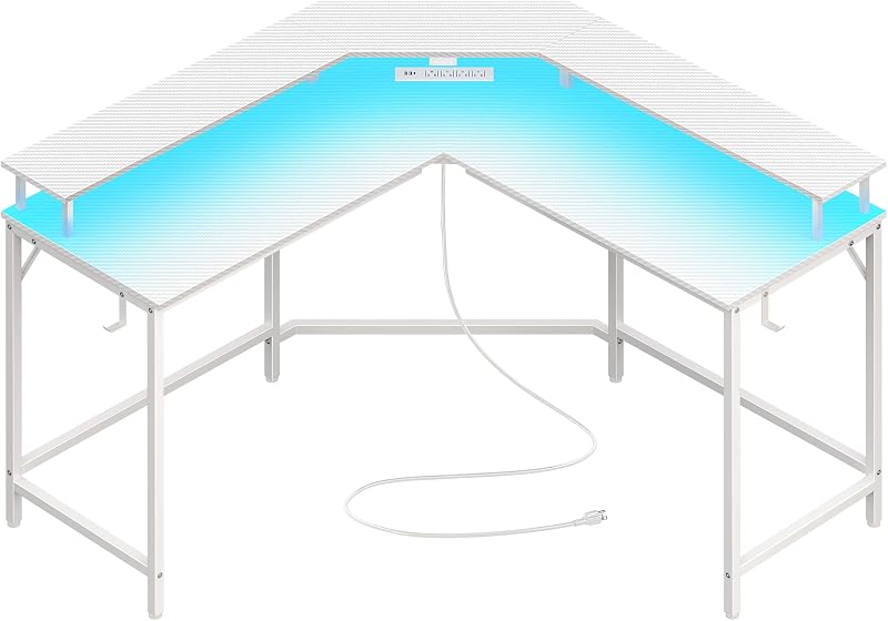 Huuger L Shaped Gaming Desk with Power Outlets & LED Lights, Computer Desk with Monitor Shelves, Carbon Fiber Surface, Home Office Desk, Corner Gaming Desk with Hooks, Carbon Fiber White
