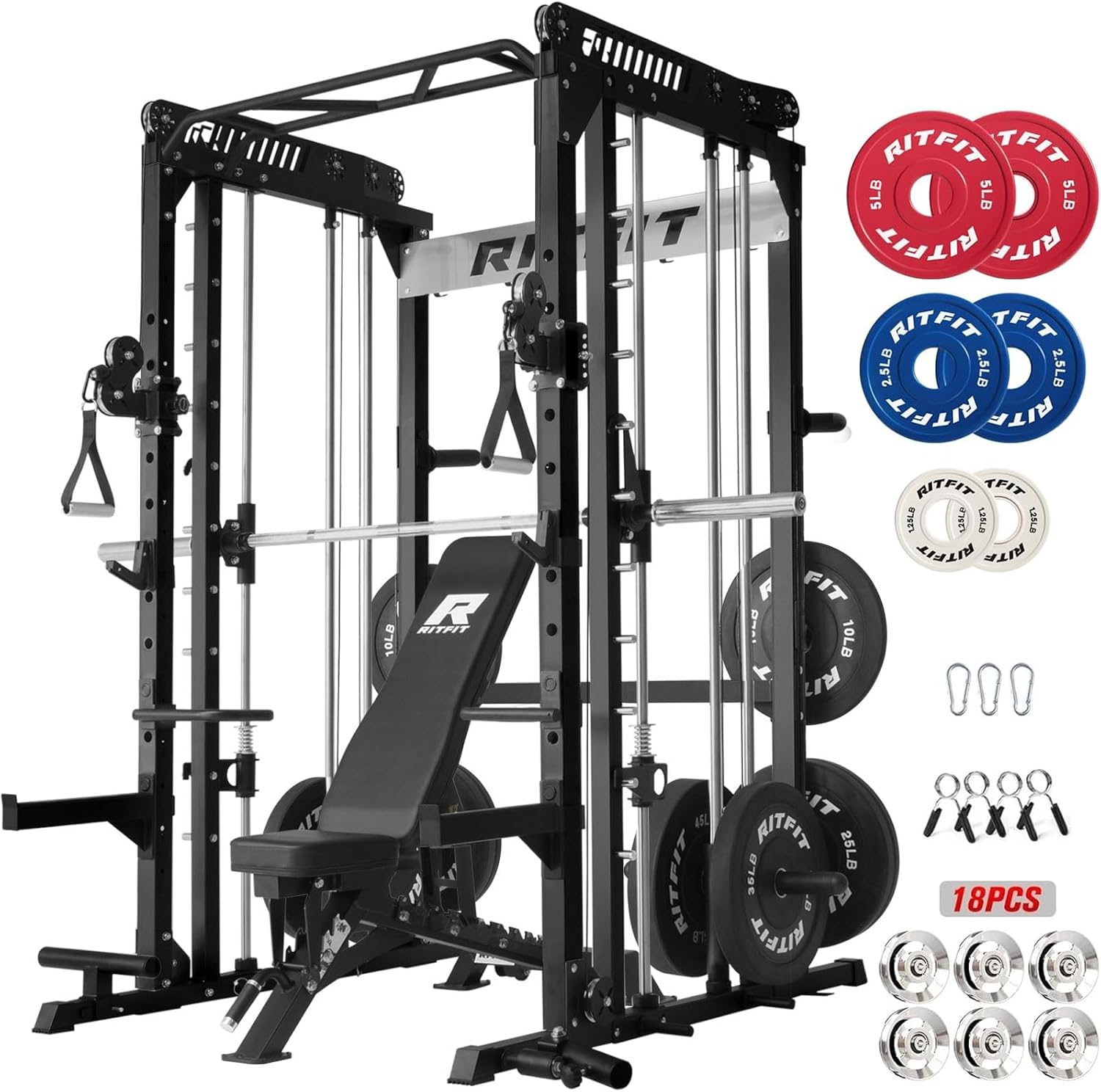 RitFit M1 & M1 Pro Smith Machine with Cable Crossover System, Multi-Function Squat Rack Power Cage for Home Gym, Power Rack and Packages