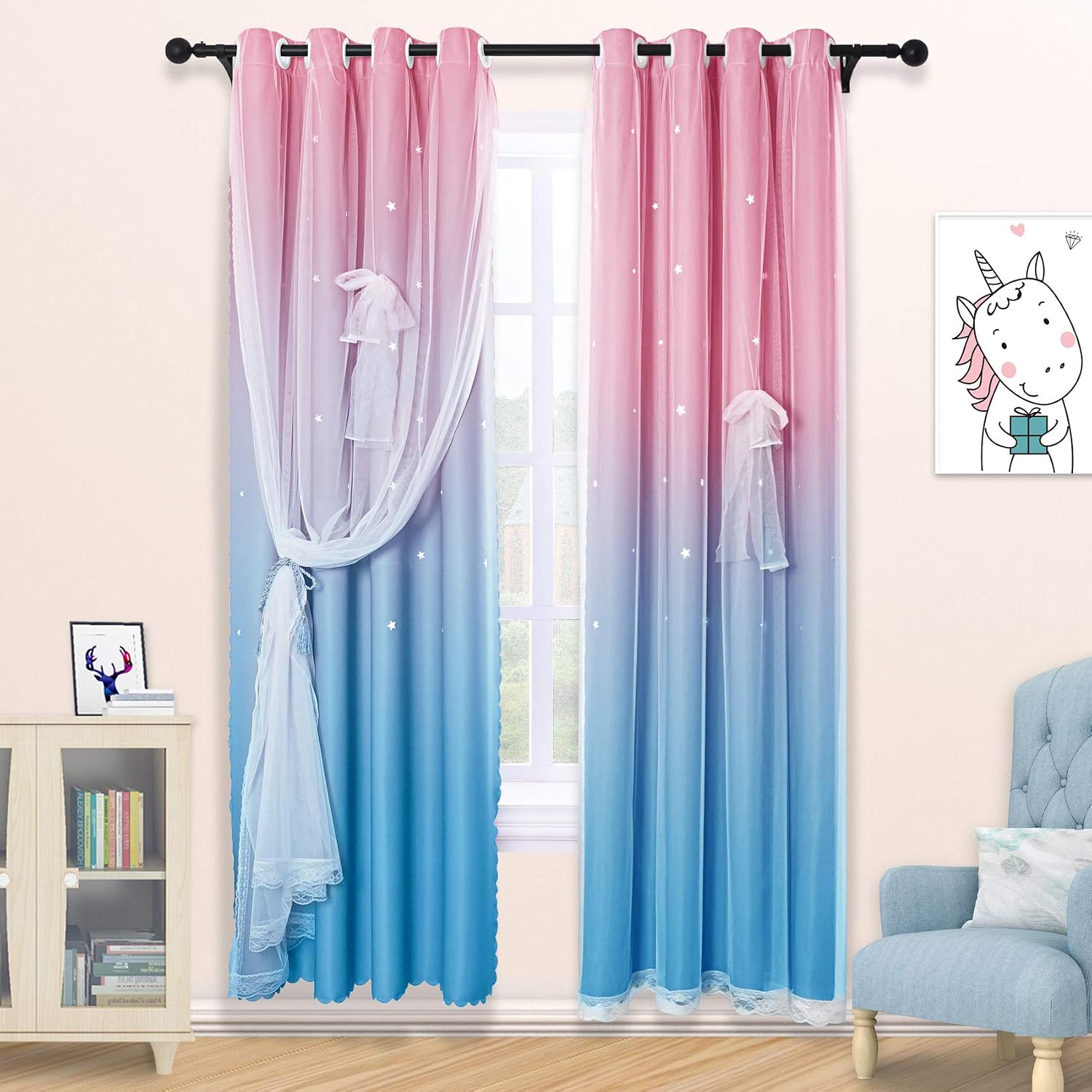 ARTBECK Star Curtains Kids Curtains for Girls Bedroom Living Room Rainbow Ombre Blackout Curtain Double Layer Star Cut Out Gradient Grommet Window Curtains (1 Pc | 42W x 63L, Baby Pink Blue)