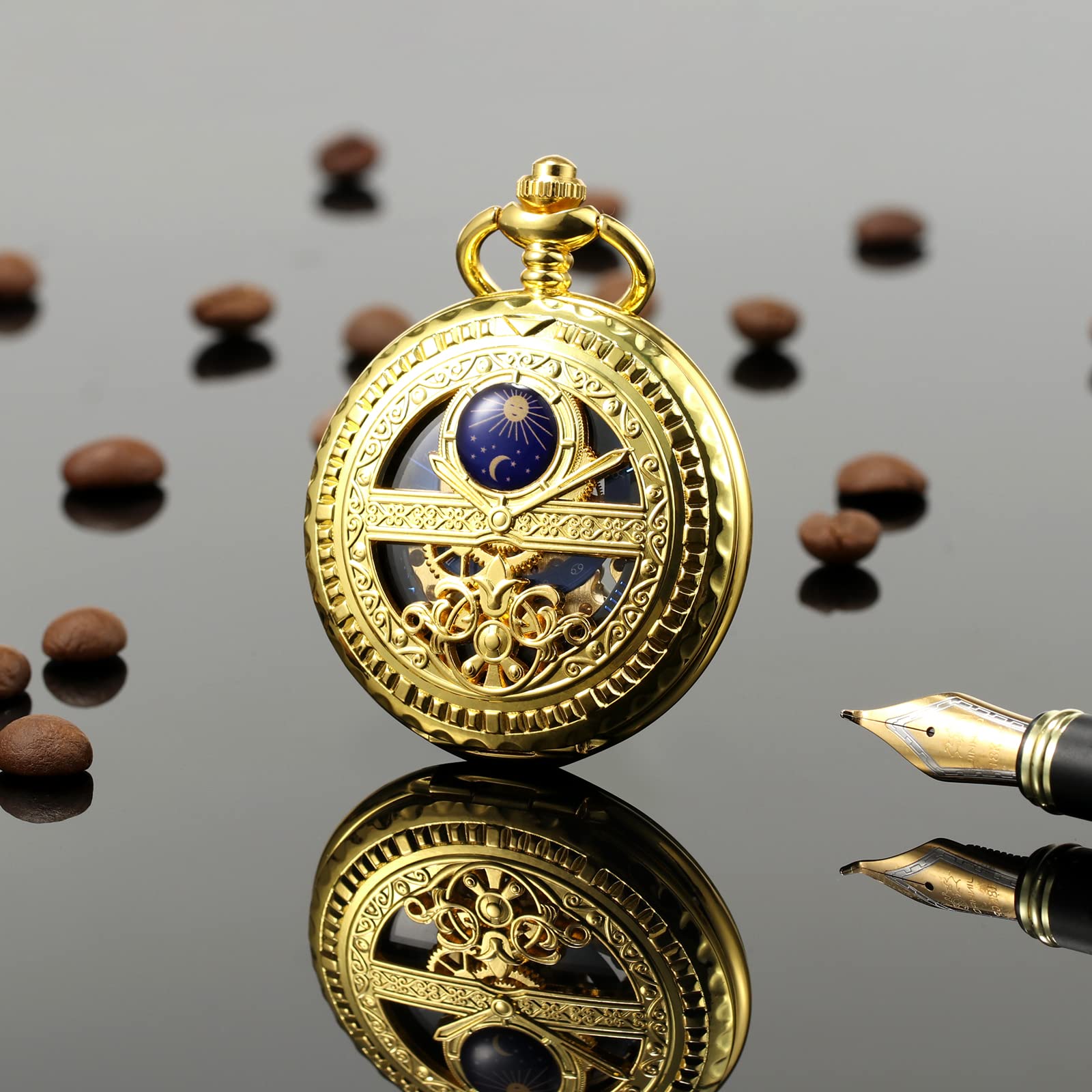 TREEWETO Orologio da tasca meccanico da uomo, sole e luna, scheletro, numeri romani, orologi da tasca con catena da uomo