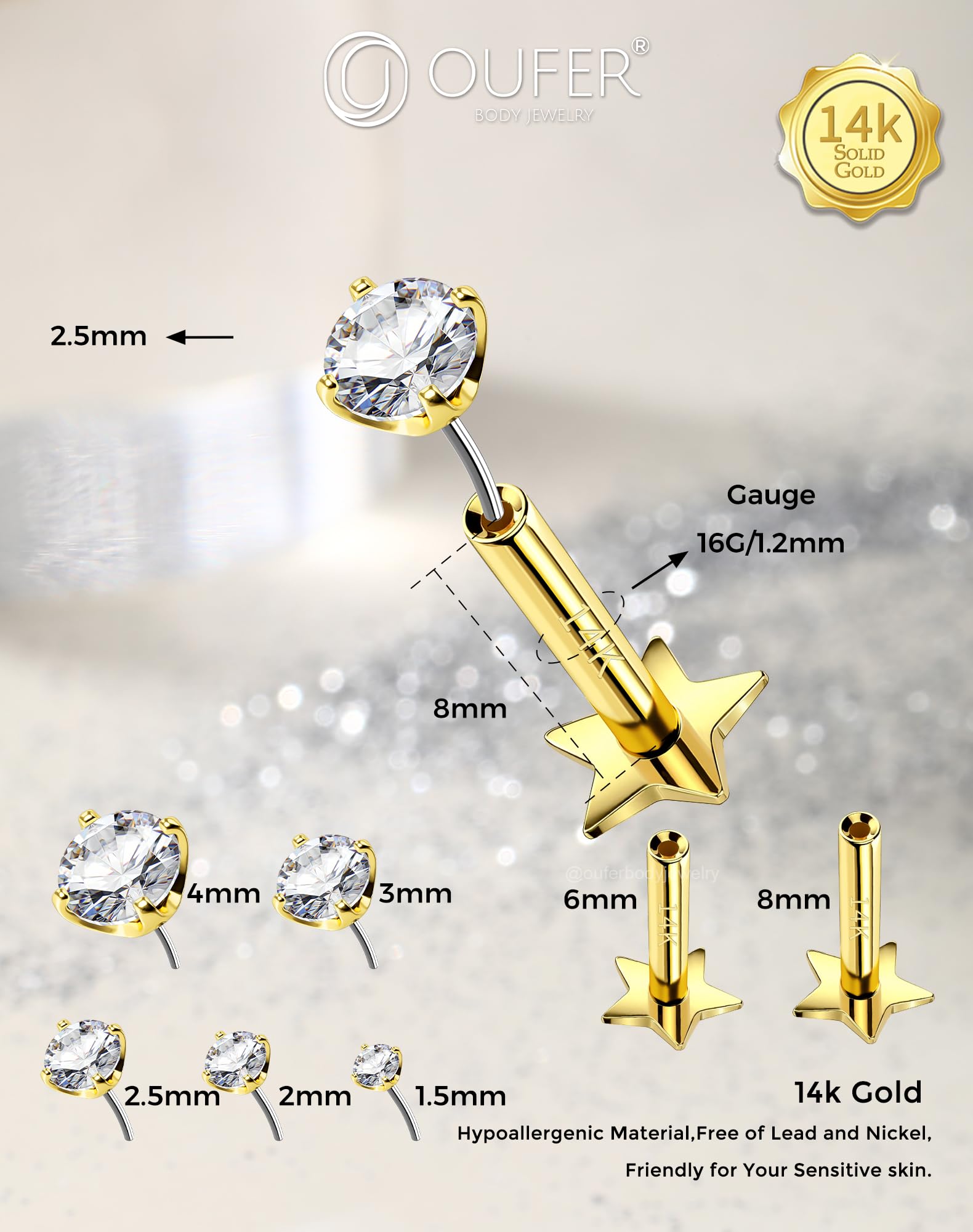 OUFER Body Piercing Labret Piercing Jewellery 6/8mm Lip Stud Push in Cartilage Earring 16G Helix Piercings Threadless Conch Tragus Piercing Jewellery Clear CZ Labret Earrings