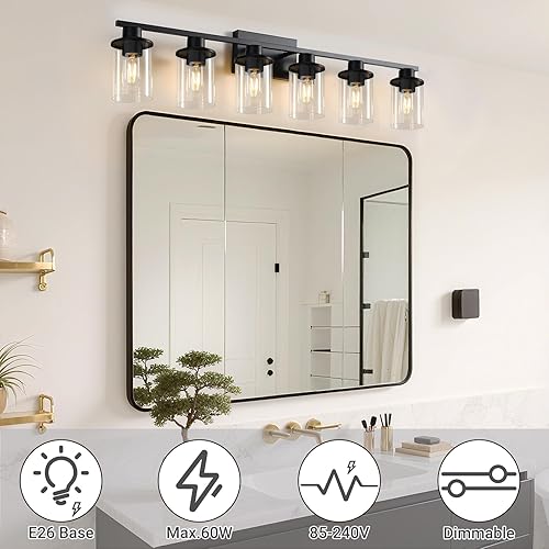 Miniatura 4 de LOUSACE Lámpara de tocador de baño de 6 luces, lámparas de baño negras mate, modernas luces de baño sobre espejo con pantalla de vidrio