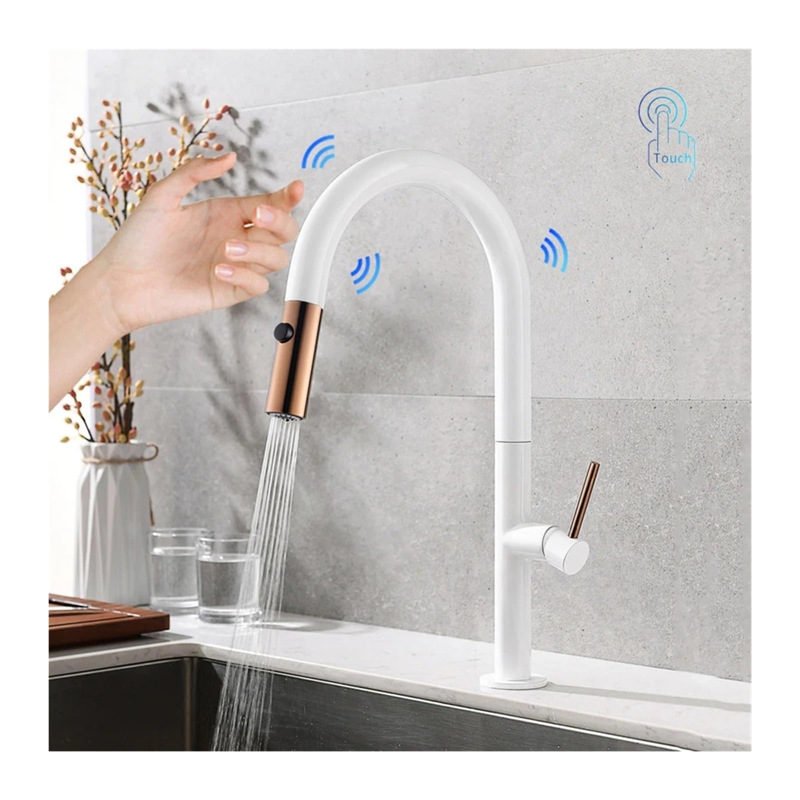 HADECOLL Touchless Smart Sensor Kitchen Faucet With Pullout Sprayer Hot & Colwater Mixer For Kitchen & Bathroom Modernesign Easy Installat Watersaving Technology,Bianco-A