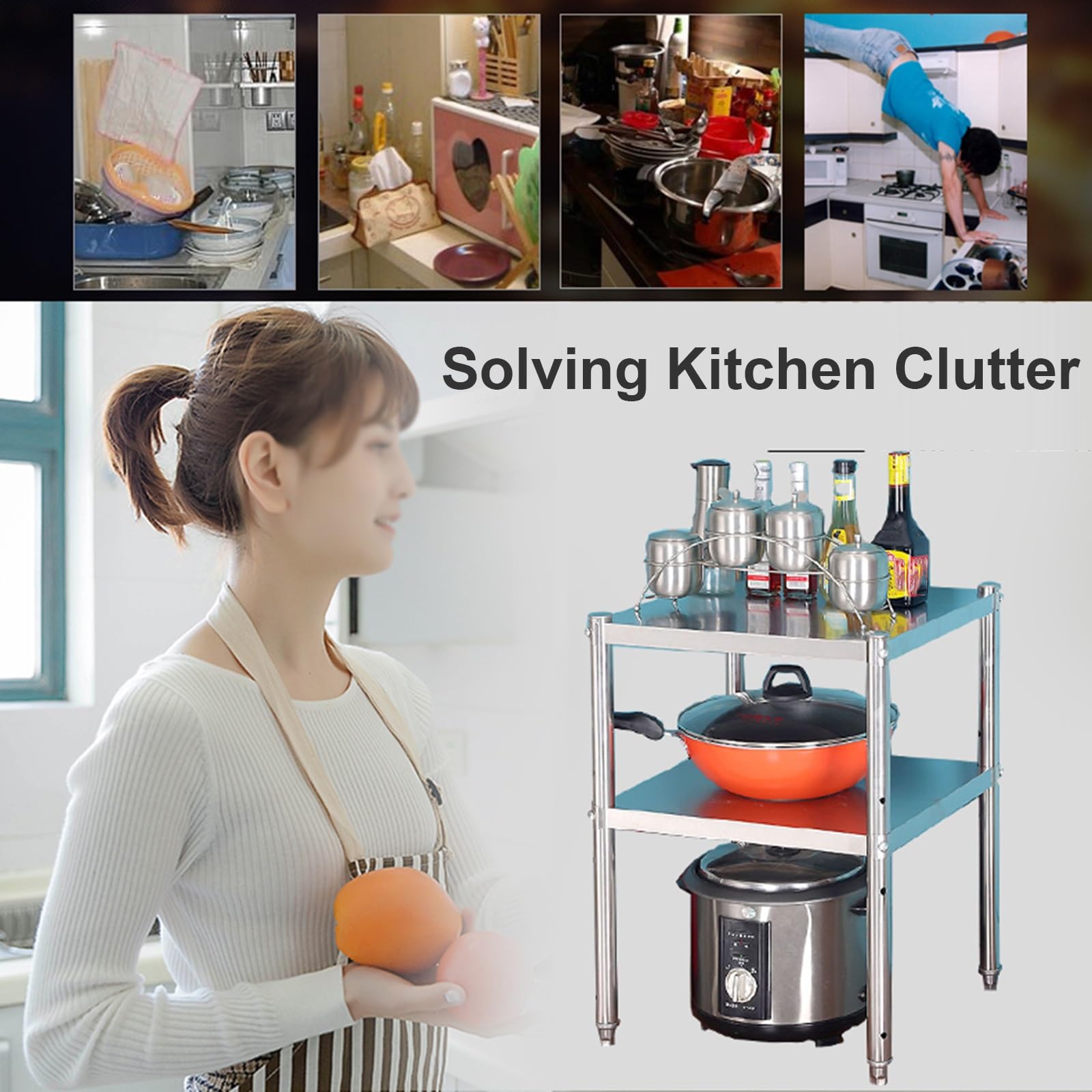Tavolo da Lavoro in Acciaio Inox da Cucina, Tavolo da Preparazione Multifunzionale a Due Livelli, ripiano Regolabile, Pratico ripiano portaoggetti Aperto, Tavolo in Metallo con Struttura Tri
