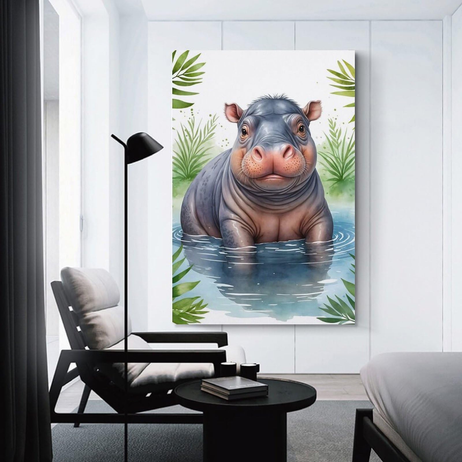 Junmoney Unframe-Style-22 Wall Decor Canvas Print Cute Hippo Watercolor, 20X30inch(50X75cm), For Bedroom, Lounge Or Dressing Area, Stylish Decor For A Restful Room Update