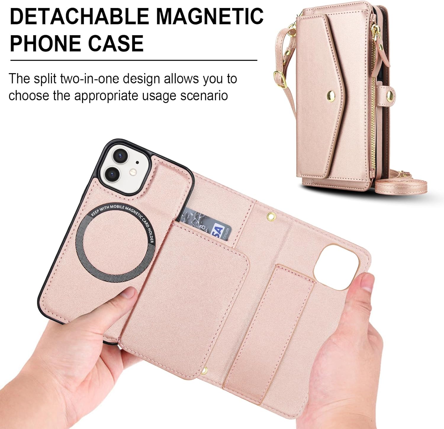 Phone Case for iPhone 12 Mini 5.4 Wallet Cover Compatible with Magsafe RFID Screen Protector Crossbody Lanyard Strap Flip Card Holder Slot Zipper Cell iPhone12mini 5G i 12s iPhone12 12mini Rose Gold