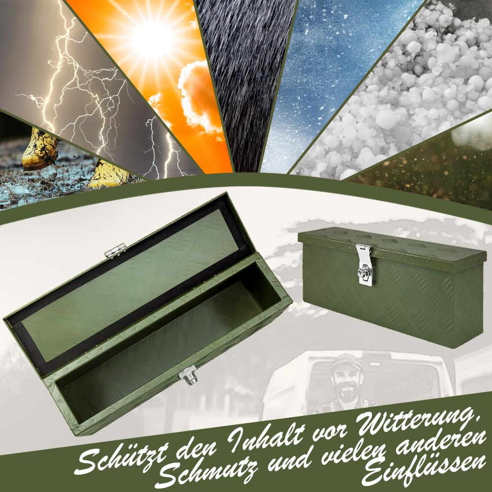 Trucky Caja de almacenamiento verde para enganche de remolque Caja de herramientas Truckbox para remolque Caja de transporte con cerradura Caja de aluminio Caja de herramientas Caja de almacenamiento