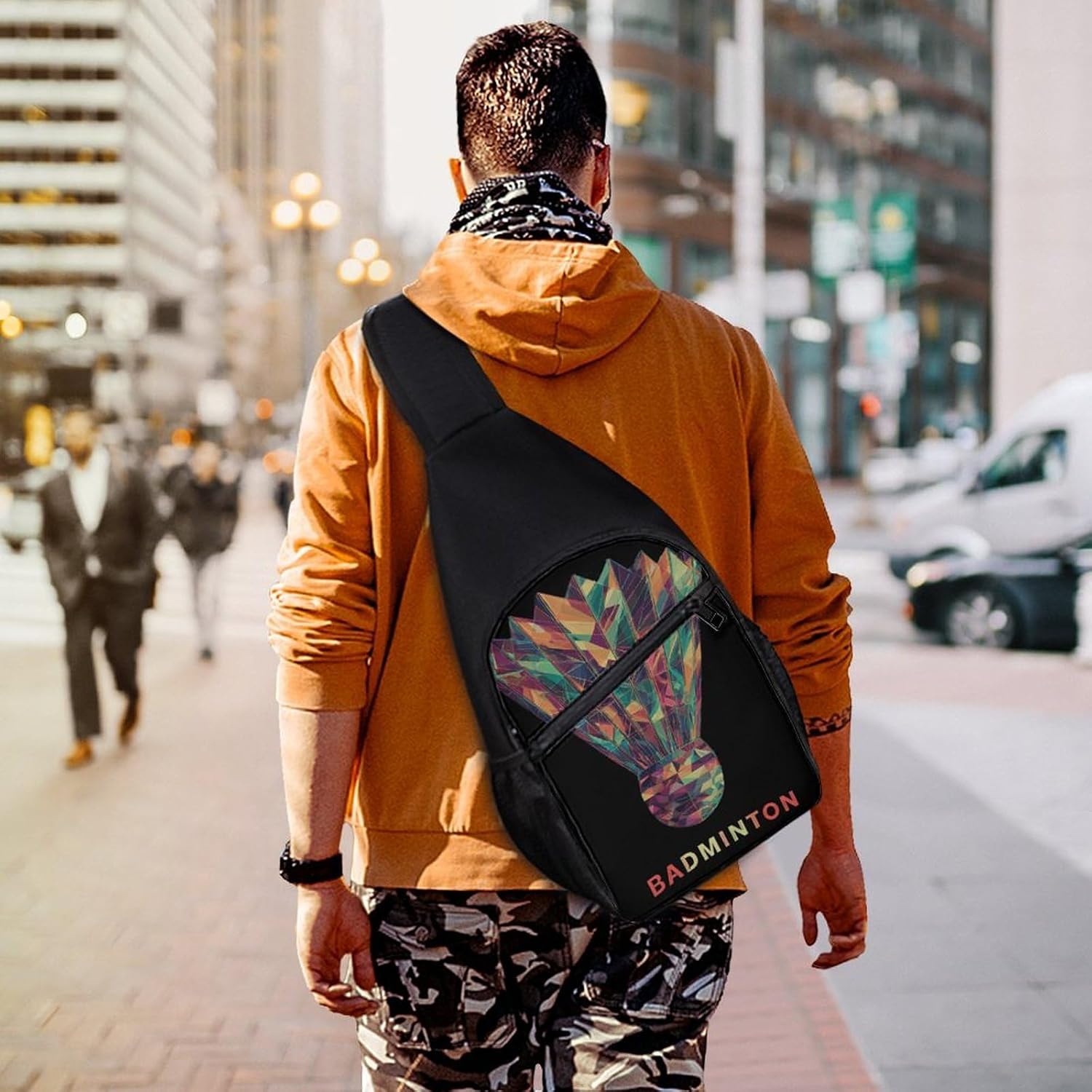 Badminton Geometric Fragments Crossbody Sling Backpack Chest Bag Daypack | unisex,trendy,with convertible and detachable shoulder strap,side pockets
