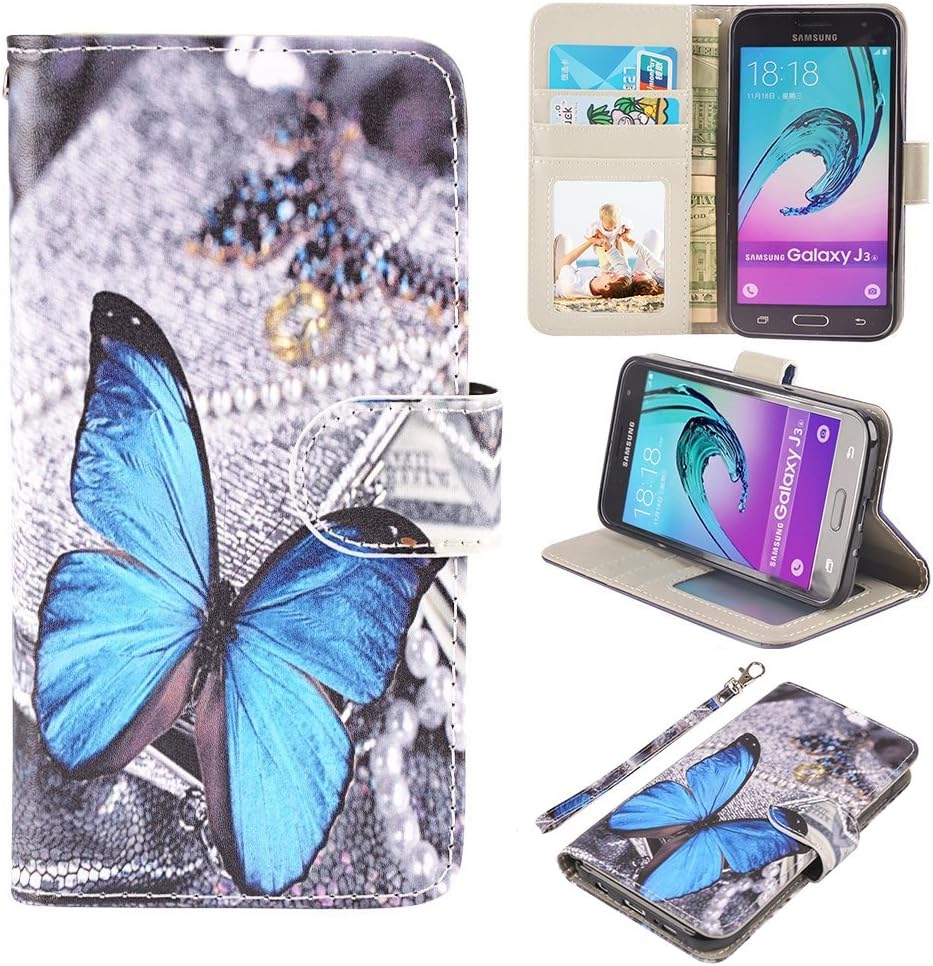 UrSpeedtekLive J3 2016 Case, Galaxy J3 V Case, Premium PU Leather Flip Wallet Case Cover with Card Slots & Stand for Samsung Galaxy J3 (2016),Blue Butterfly