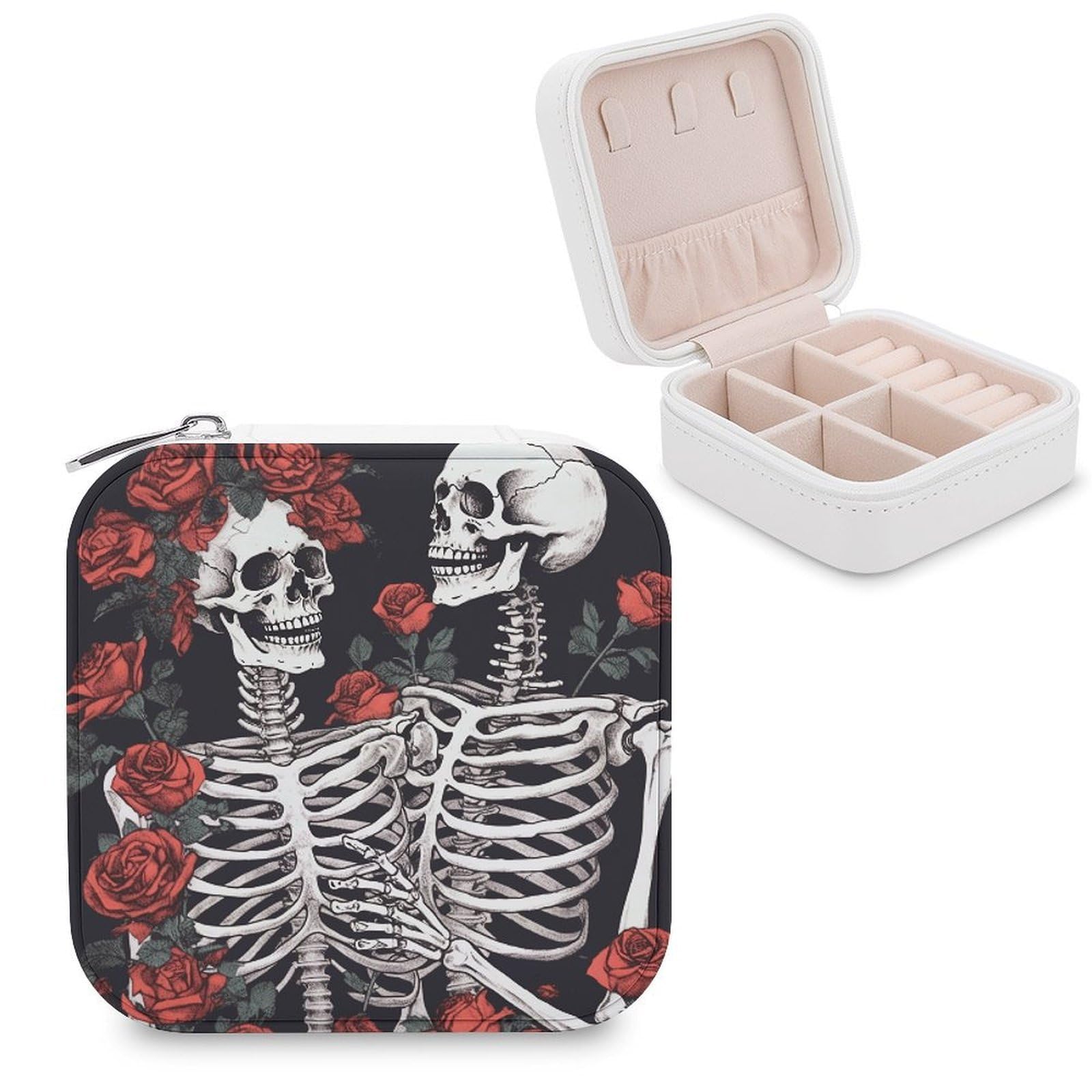 VstaDank Rose And Skeleton Jewelry Box Exquisite Leather Jewelry Organizer Portable Trinket Organizer Fashion Travel Jewelry Case for Rings Earrings Necklaces Unique Gifts for Women