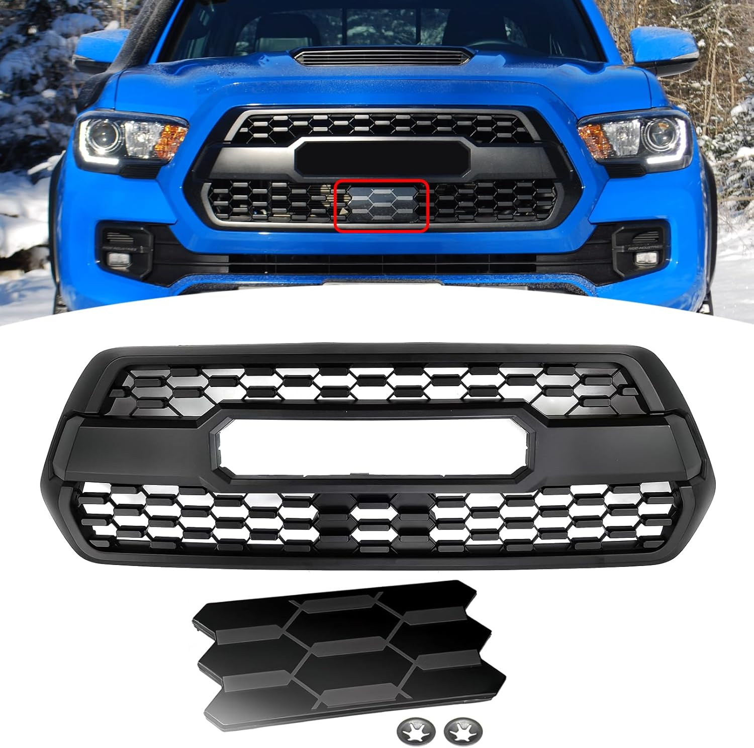 Bewild For Tacoma Front Bumper Grille With Accessories Fit For 2016-2022 Toyota Tacoma Front Hood Grill Replacement (Grille+Sensor Cover)