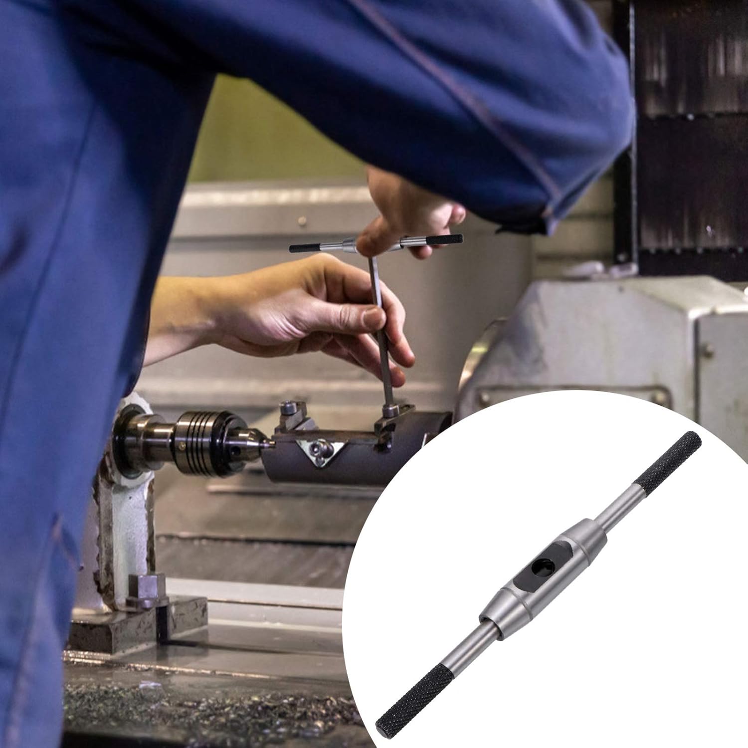 User operating the tap wrench on a machine