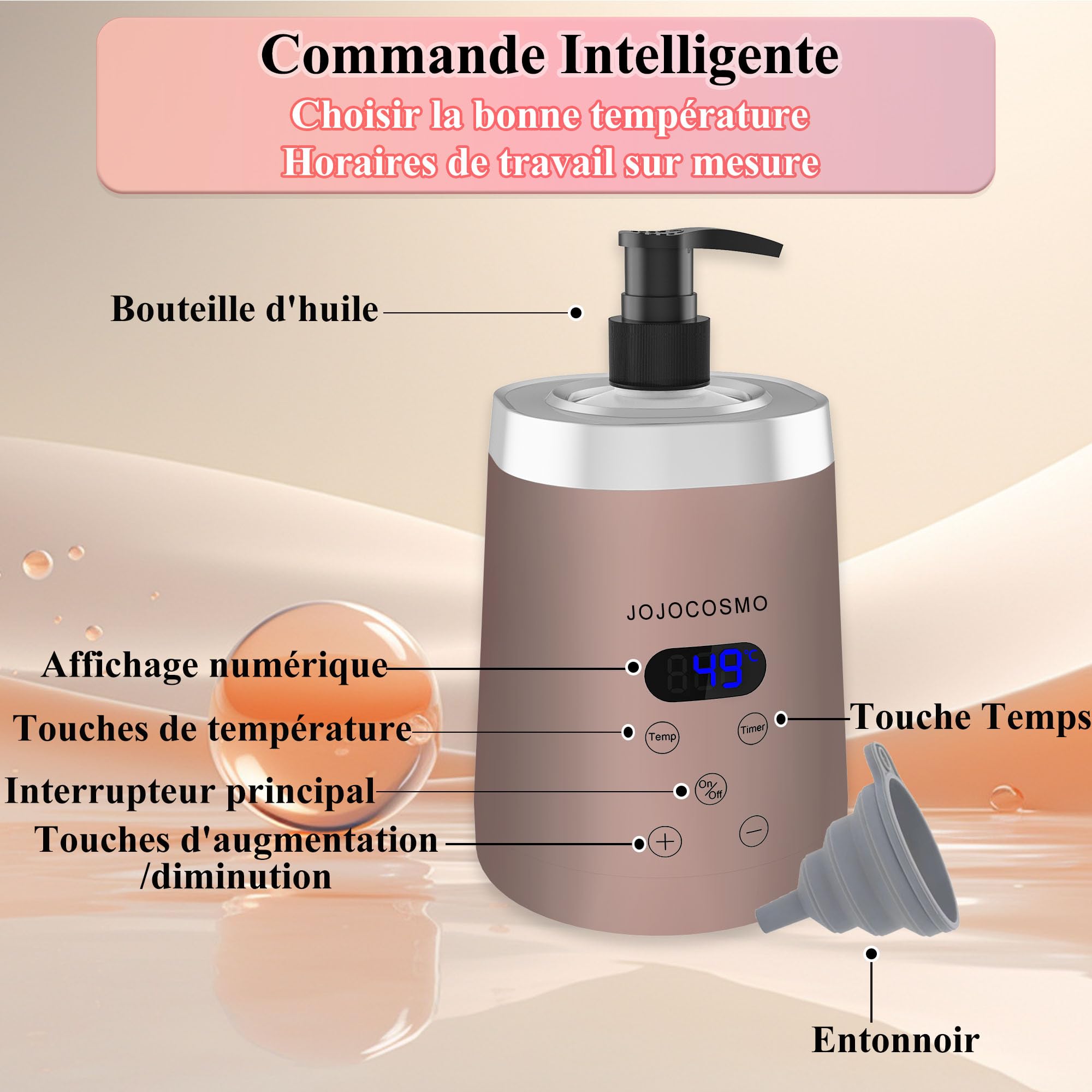Réchauffeur d'huile de Massage avec Distributeurs d'Huiles Essentielles, Température Réglable 86-149°F, Couleur Champagne