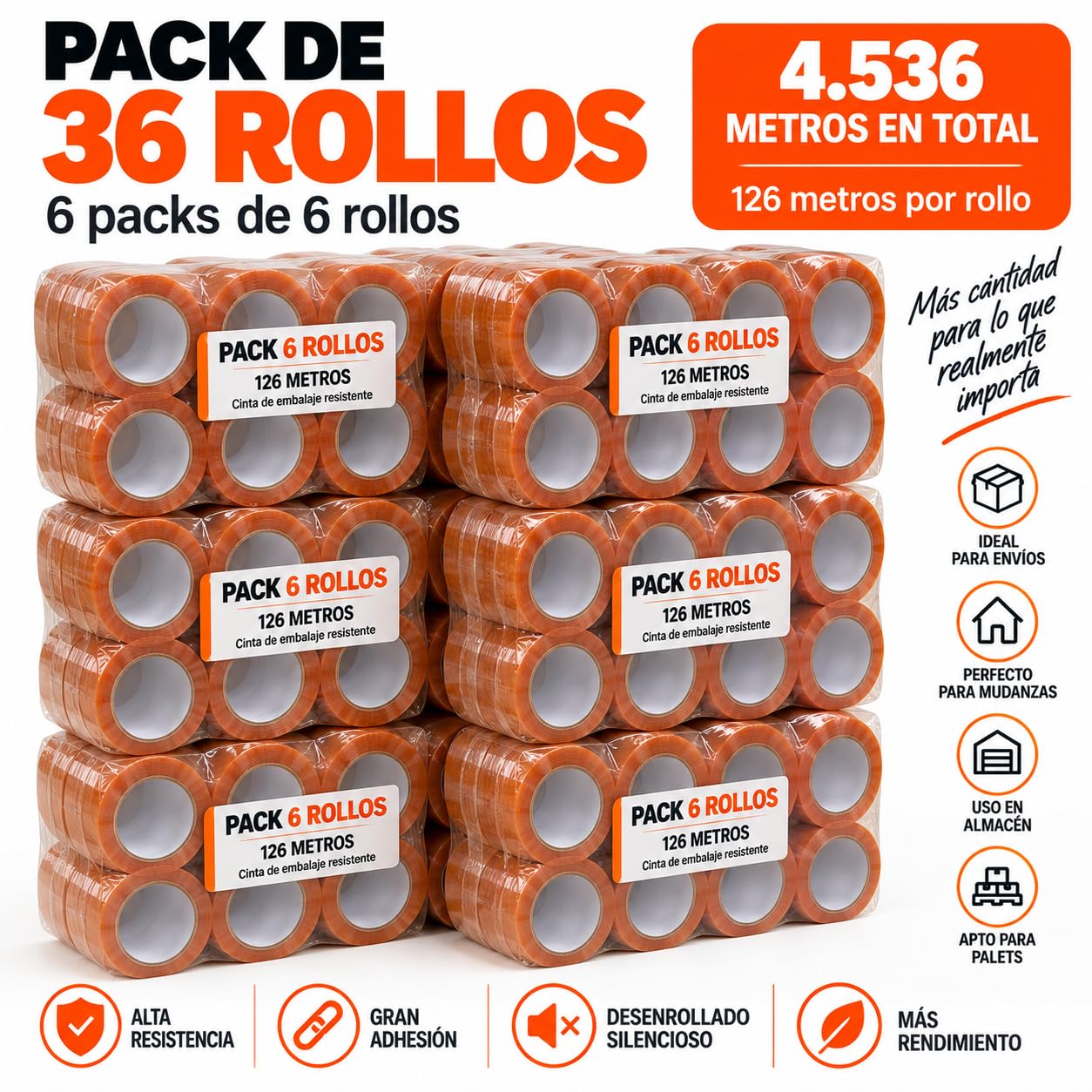 Cinta de Embalaje Transparente 48 mm x 126 m. longitud – Precinto Adhesivo de Larga Duración – Desenrollado Silencioso – Para Cajas, Envíos, Mudanzas, Almacén y Palets