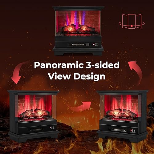 Miniatura 8 de Tangkula Calentador eléctrico de chimenea de 27 pulgadas, estufa independiente sin montaje con control remoto, vista de 3 lados, 7 efectos de llama,