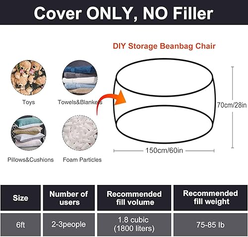 Miniatura 3 de Funda para silla puff de 6 pies (solo fundas para puf, no un puf completo) Sillas esponjosas para adultos, terciopelo de terciopelo gris oscuro,