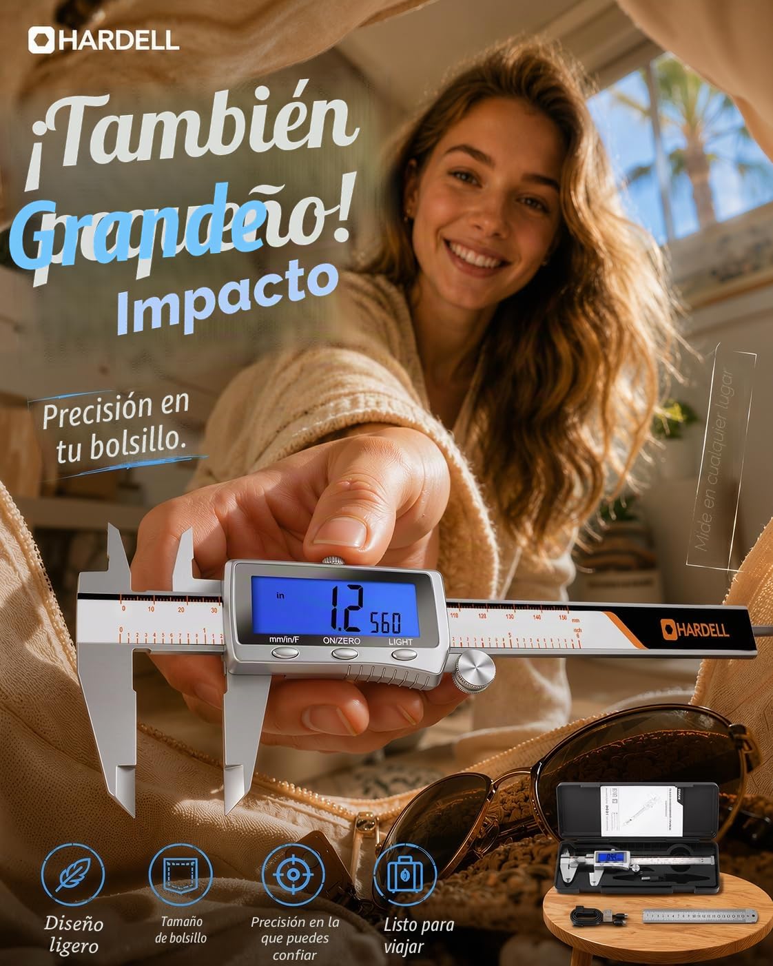 HARDELL Calibre Digital 6 Pulgadas, Pie de Rey Digital con Pantalla LCD Retroiluminada, Micrómetro Digital Recargable con Apagado Automático para Bricolaje y Hogar (Pulgadas/MM/Fracciones)