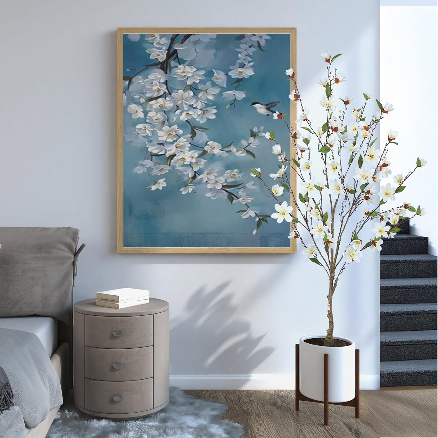 5FT Artificial Magnolia Tree Tall Fake Plant Outdoor in White Planter Pot - Faux Trees Indoor Tall Fake Floor Plant with Silk Magnolia Flowers for Home Front Porch Office Patio Garden Decor