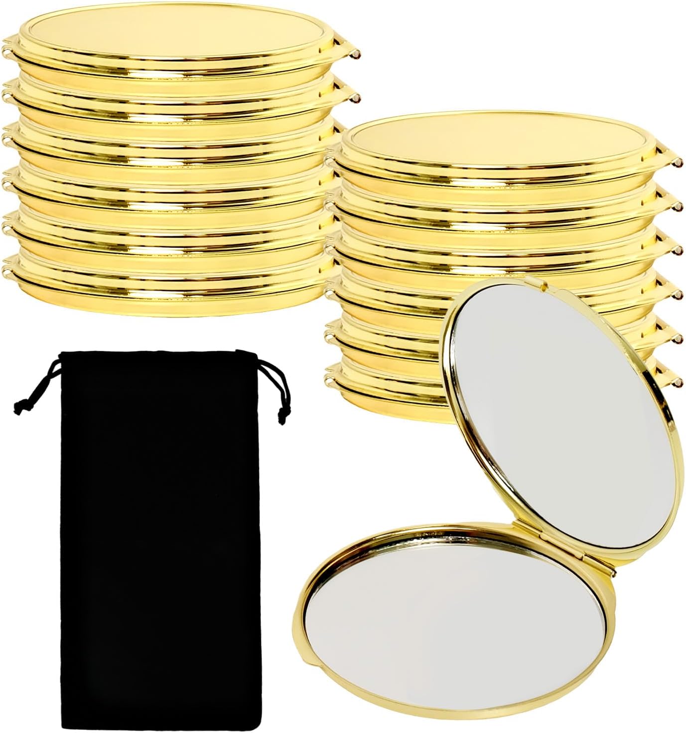 12 Pcs Portable Folding Compact Mirror Bulk with Storage Bag Mini Double Sided Makeup Mirror with 1X and 2X Magnification for Women Bridesmaid Travel Gifts (Gold)