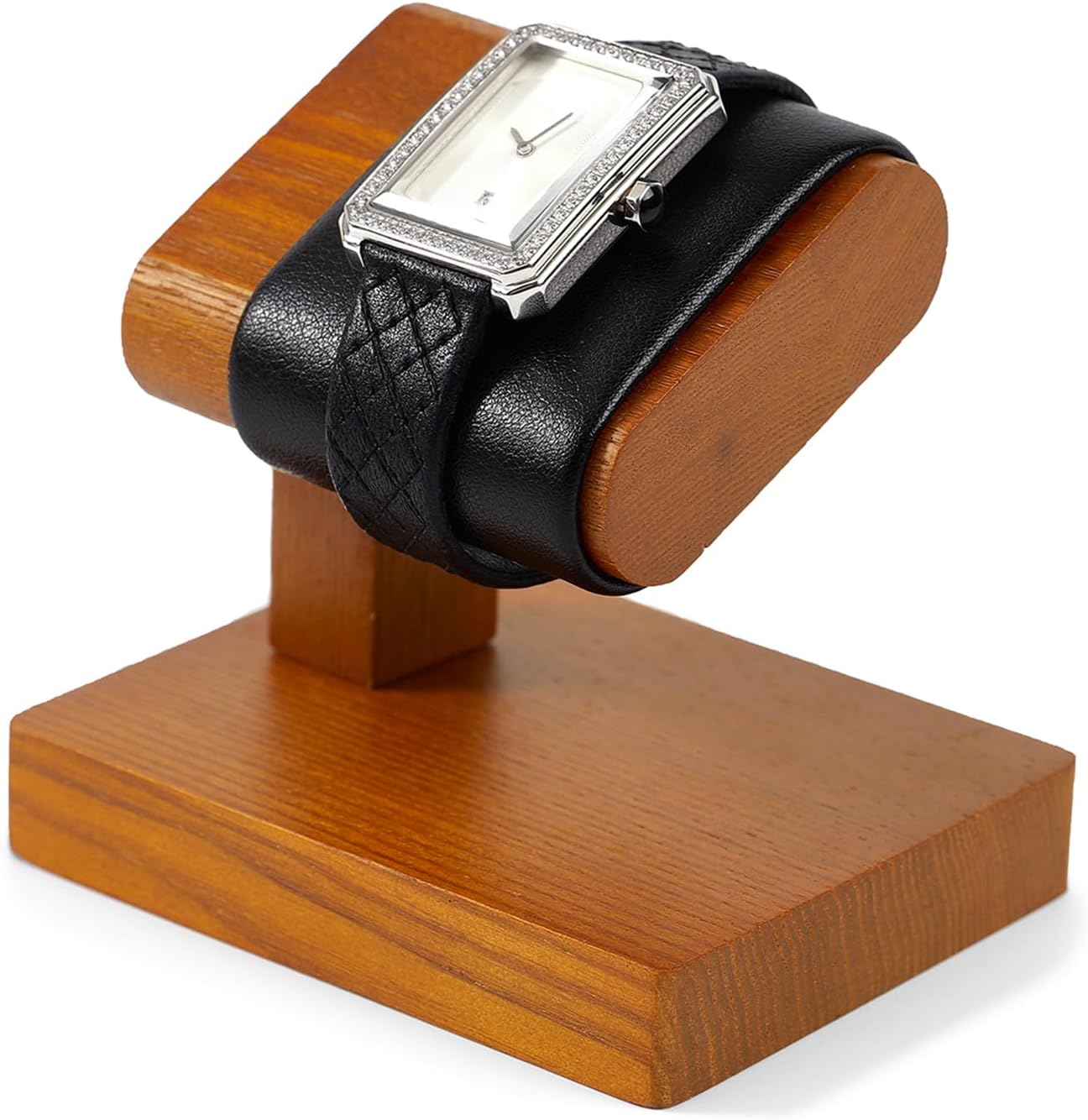 Solid Wood Watch Display Stand T-bar PU Leather Watch Stand Holder Organizer For Men And Women Wristwatch, Bracelet, Storage Display Rack (Black)