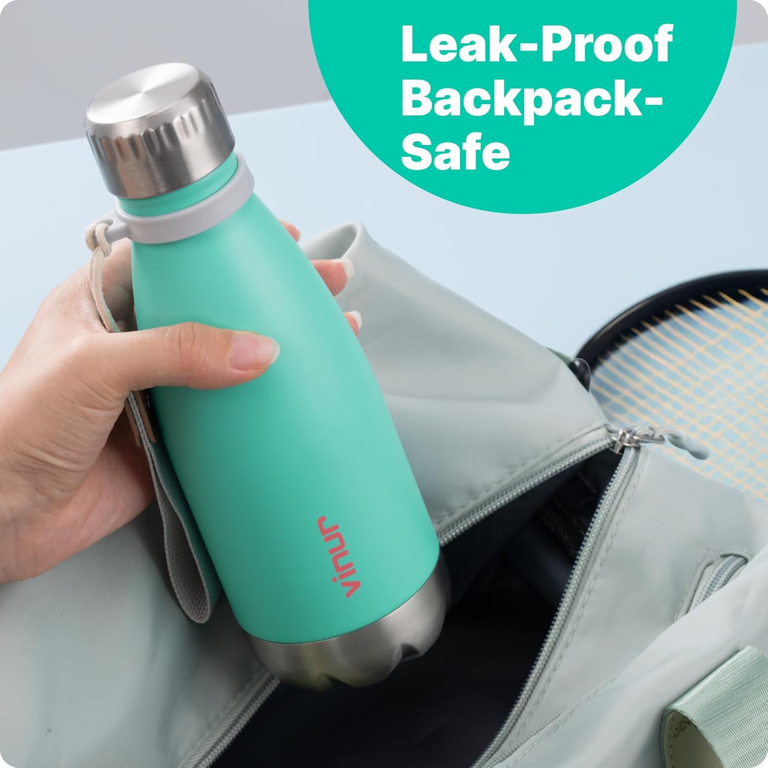 VINUR Small Water Bottle- 9 oz Stainless Steel Vacuum Insulated Leak Proof Water Bottle for kids Travel-Cola Shape Reusable Flask with Carry Rope for Girl, Teal - Image 5