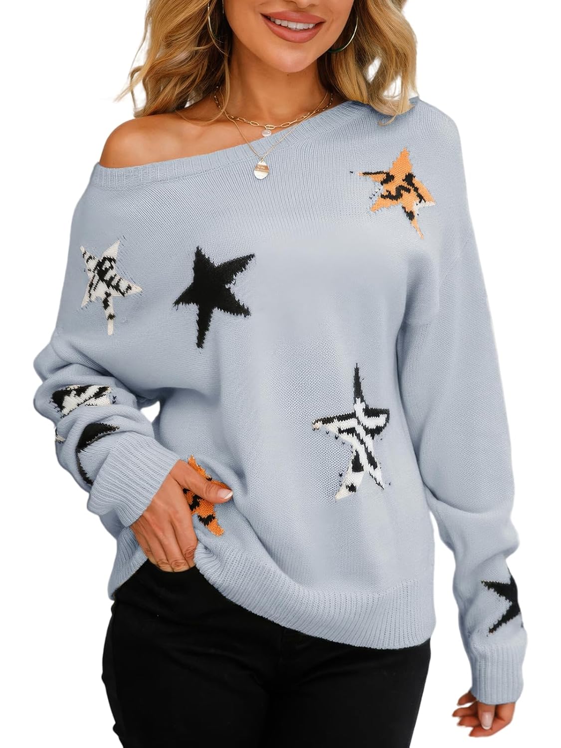 ebossy Womens Casual Cute Stars Embroidery Pullover Sweaters Crewneck Long Sleeve Knitwear 2025 Fall Tops