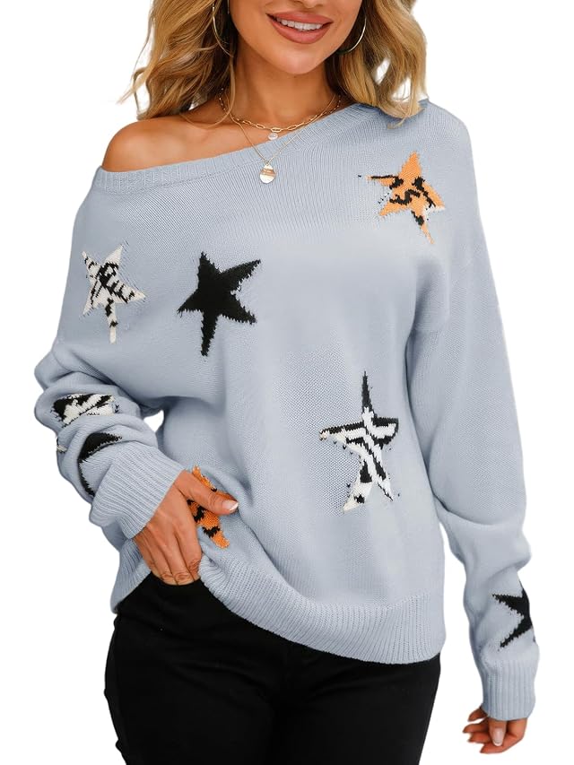 ebossy Womens Casual Cute Stars Embroidery Pullover Sweaters Crewneck Long Sleeve Knitwear 2025 Fall Tops