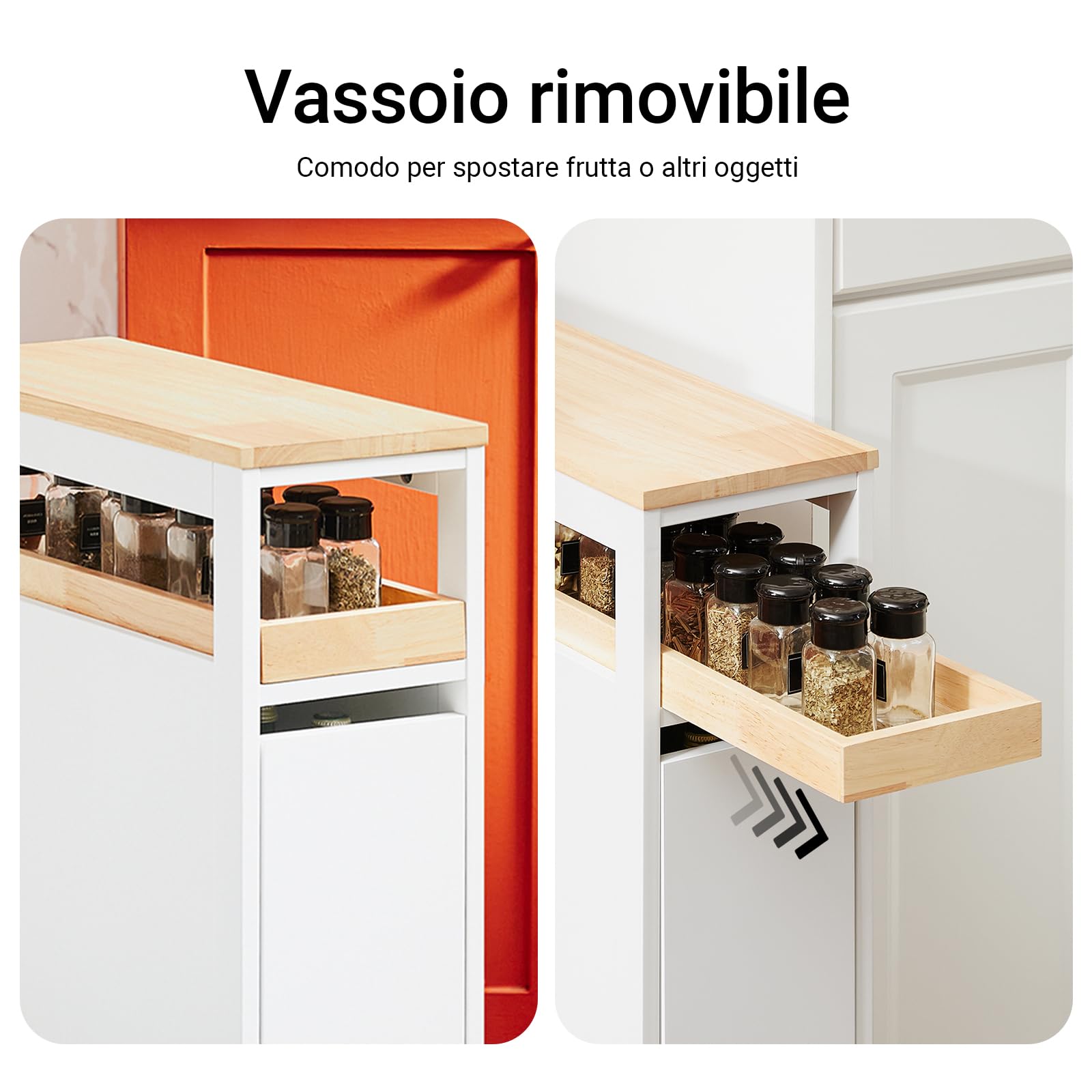 SoBuy Carrello Cucina Salvaspazio Stretto – Mobiletto da Nicchia 20 cm con Ruote, Carrellino Cucina Multifunzione e Mobiletto Salvaspazio Cucina per Cucina e Bagno Bianco & Naturale 20x51x79cmNSR11-WN