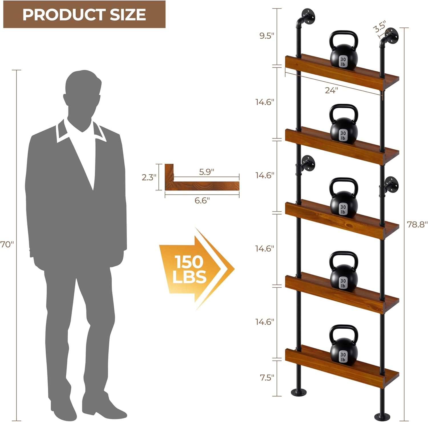 Wall Mounted Wine Rack with LED Light, LED Industrial Pipe Liquor Bar Shelves, 5-Tier Rustic Hanging Organizer for Wine Bottle Storage in Kitchen, Bar, Pub, Cellar (Walnut Brown, 24 Inch)