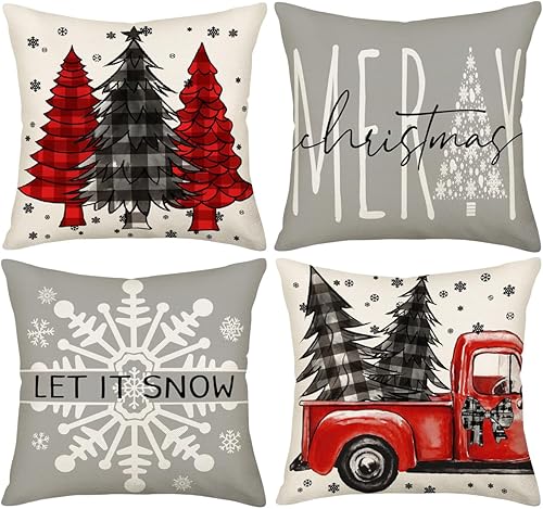 Yameeta Juego de 4 fundas de almohada decorativas de lino gris y rojo de 22 x 22 pulgadas, diseño de copos de nieve de invierno, árboles de Navidad, disponible en Yaxa Colombia