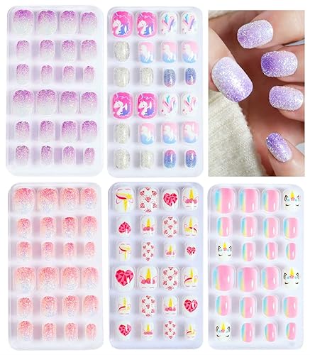 Uñas postizas a presión para niños, estampado de corazón de flores, cortas, falsas, artificiales, de cobertura completa, kits de arte de uñas para