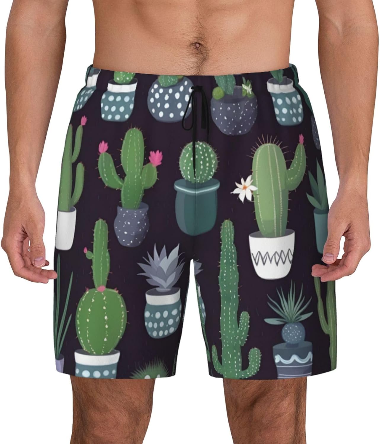 Cactus Succulent Plant Print Men's Athletic Swim Shorts, Surf Pants with Compression Liner & Utility Pockets