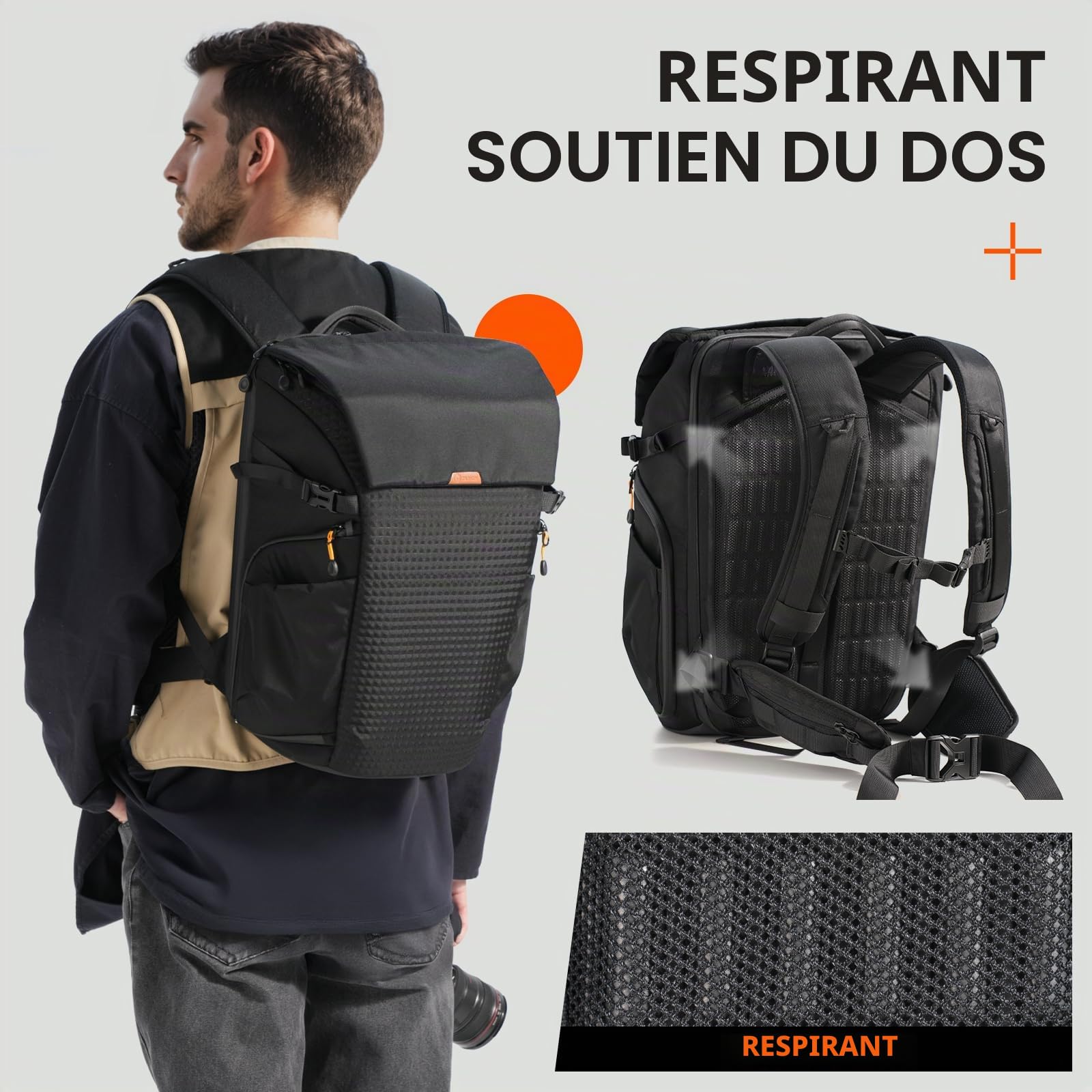 TARION Sac à Dos Photo Professionnel - Compartiment 16'' pour PC + Ouvertures Latérale/Arrière Rapides, Housse Imperméable et Ceinture Amovible - Pour Appareils DSLR Thorner