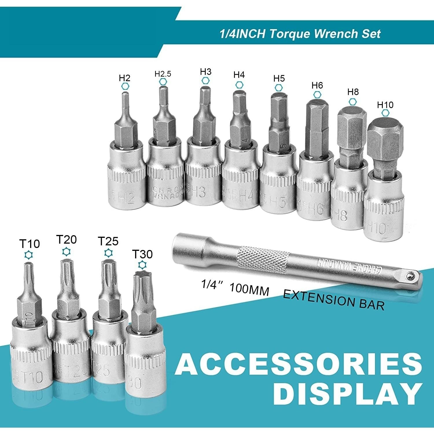 Rowerowy klucz dynamometryczny 1/4'', 5-25Nm, 0,1Nm Micro, zestaw kluczy dynamometrycznych Drive Click, sześciokątny, nasadki Torx/Star Bit, przedłużacz
