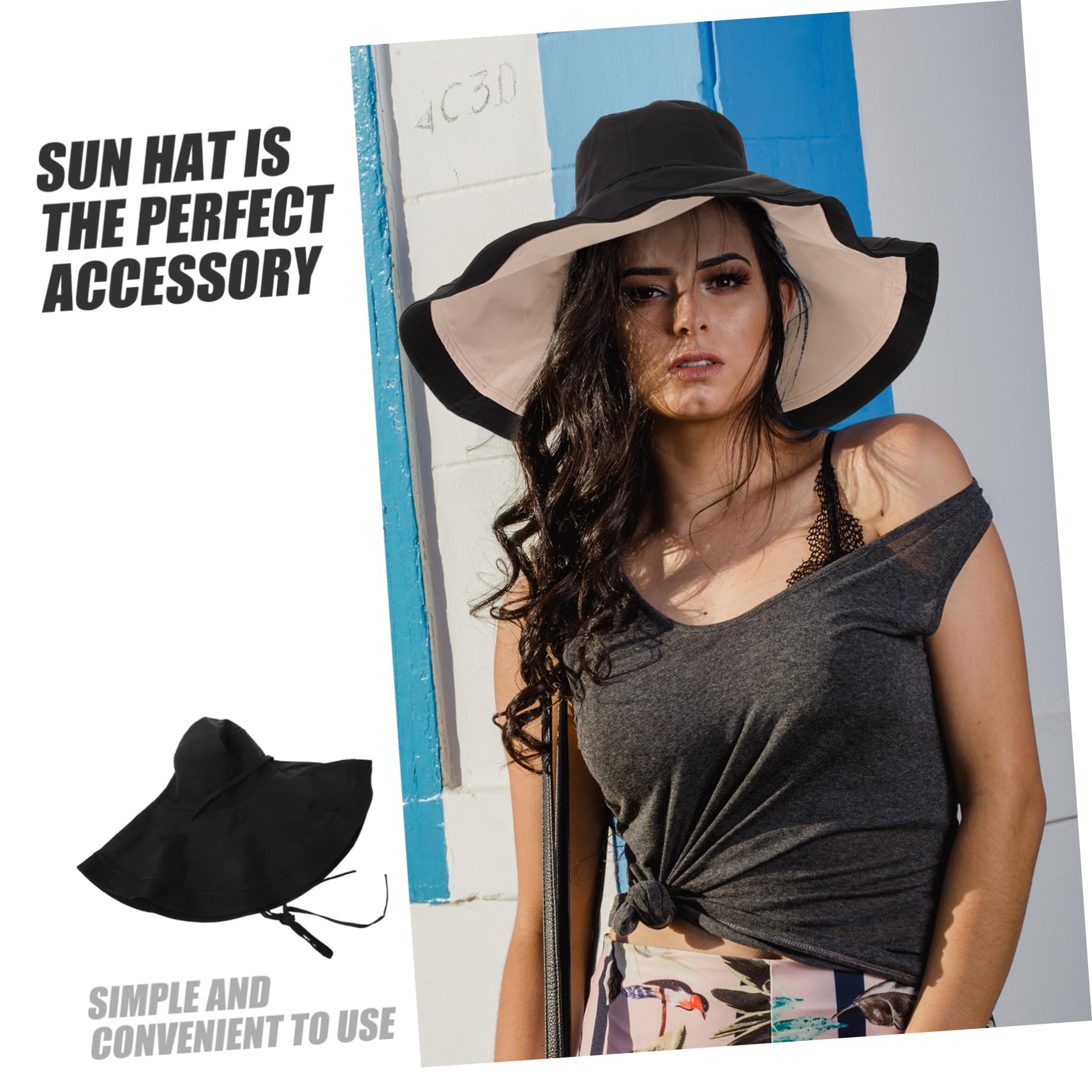 Sombrero de ala Ancha Sol para Mujer Negro Plegable UV