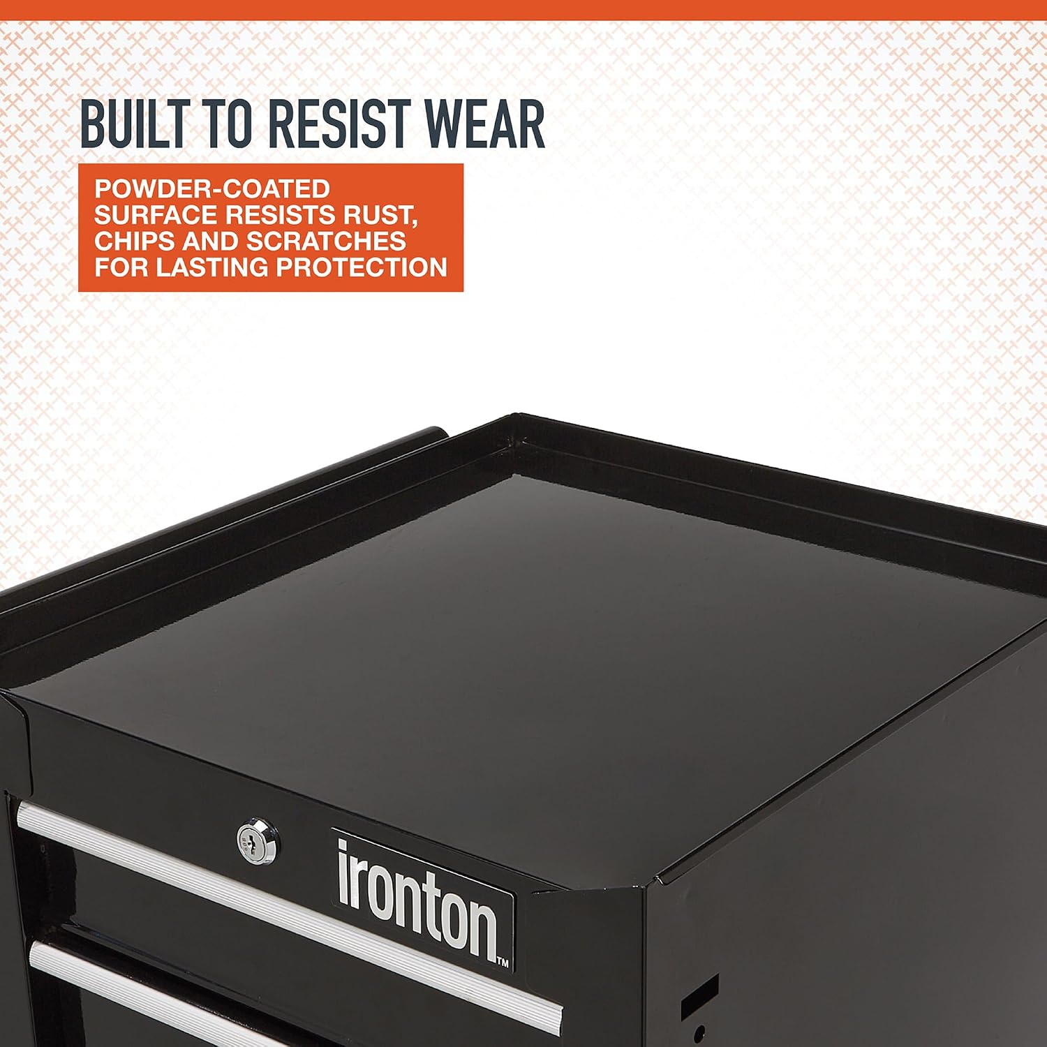 Close-up of Ironton 5-Drawer Rolling Cabinet's soft-close ball-bearing drawer slides