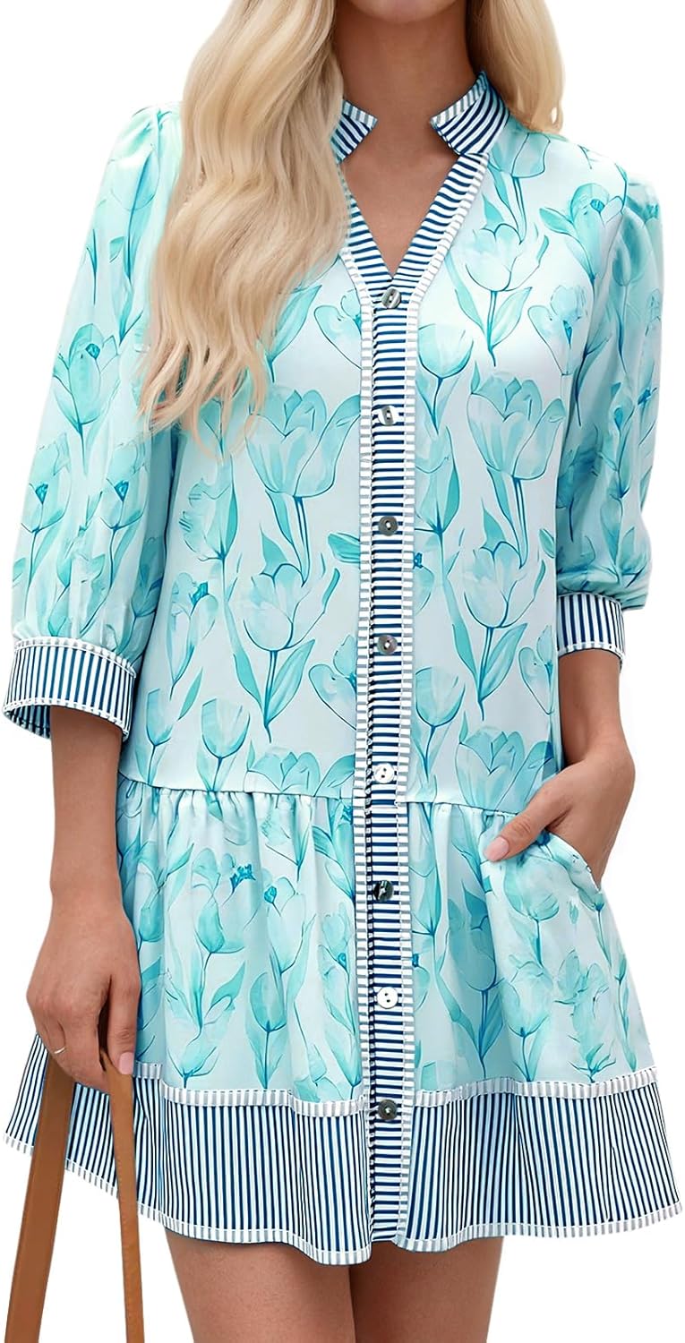 Wenrine Women's Floral Boho Mini Dress 3/4 Long Sleeve V Neck Casual Button Down Shirt Dresses